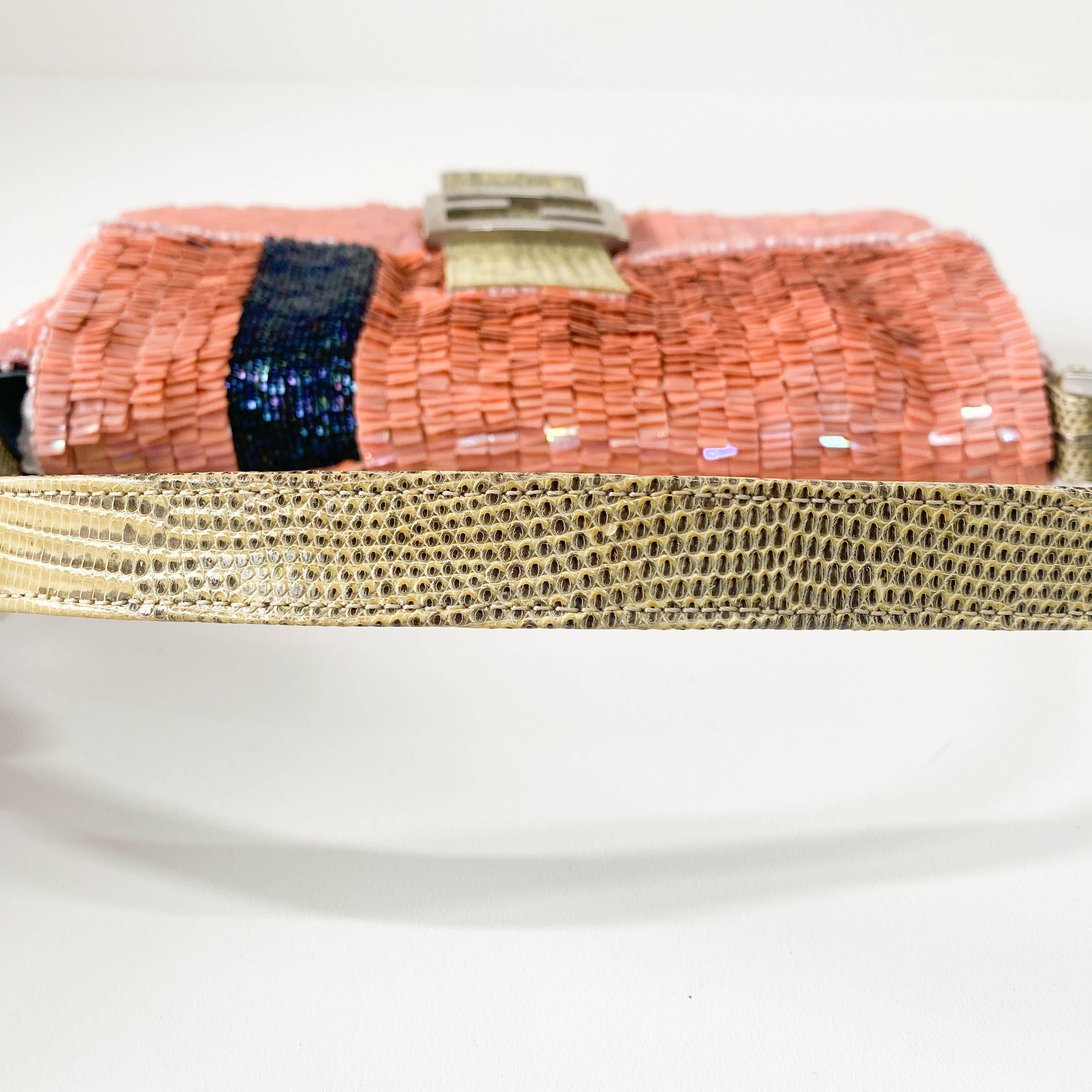 Baguette Pink Beads & Lizard Leather Shoulder Bag