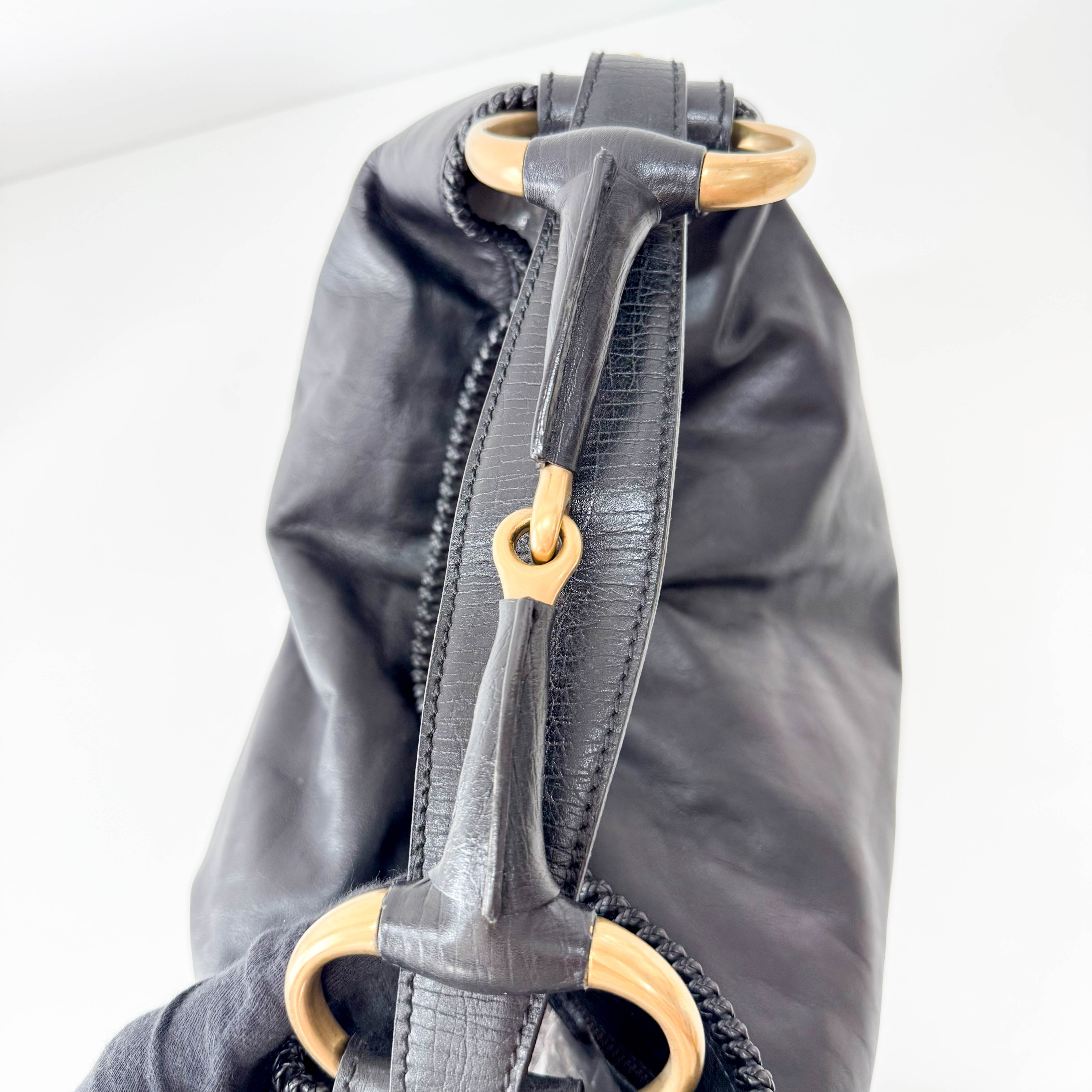 Horsebit Black Leather Hobo Shoulder Bag