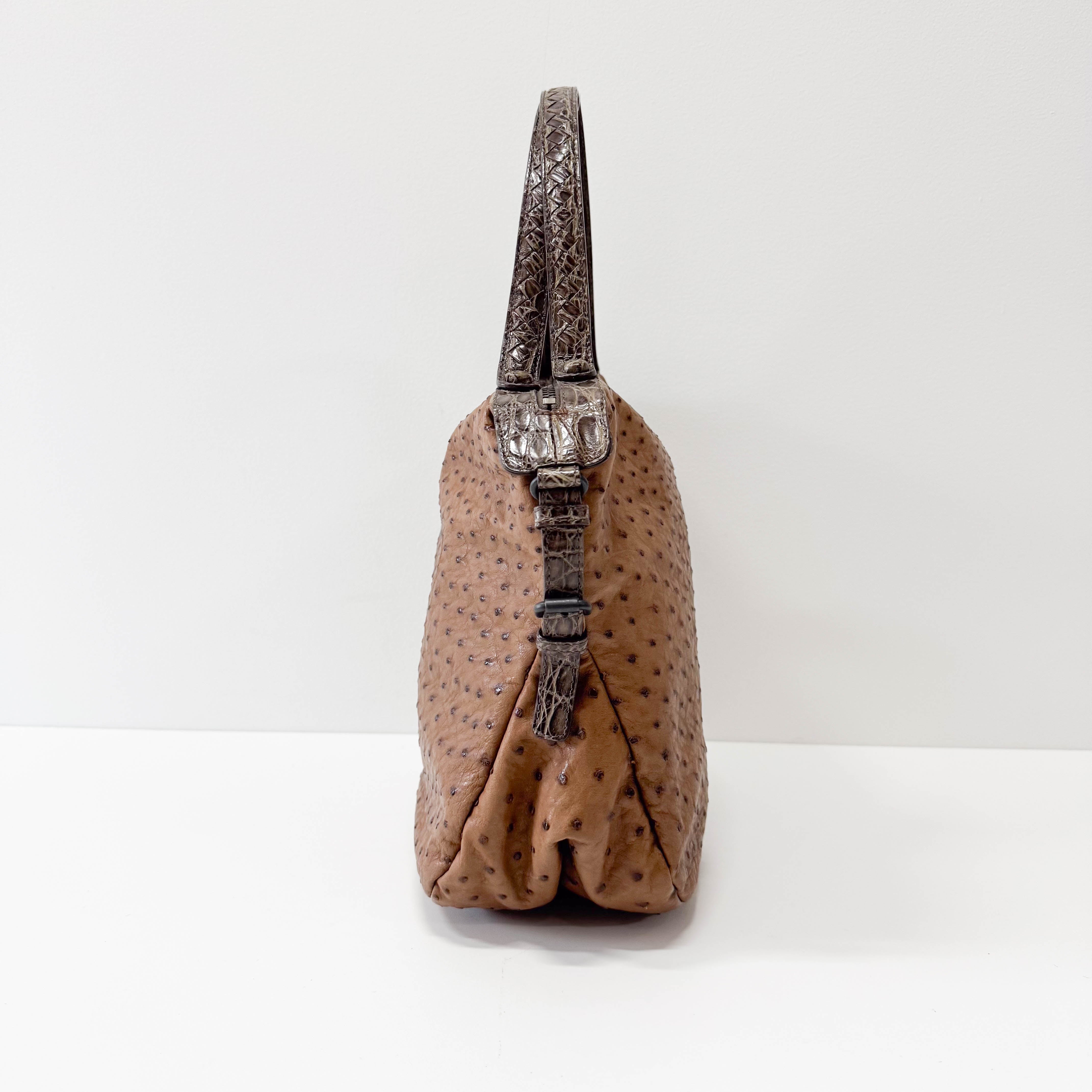 Brown Ostrich Leather Shoulder Bag