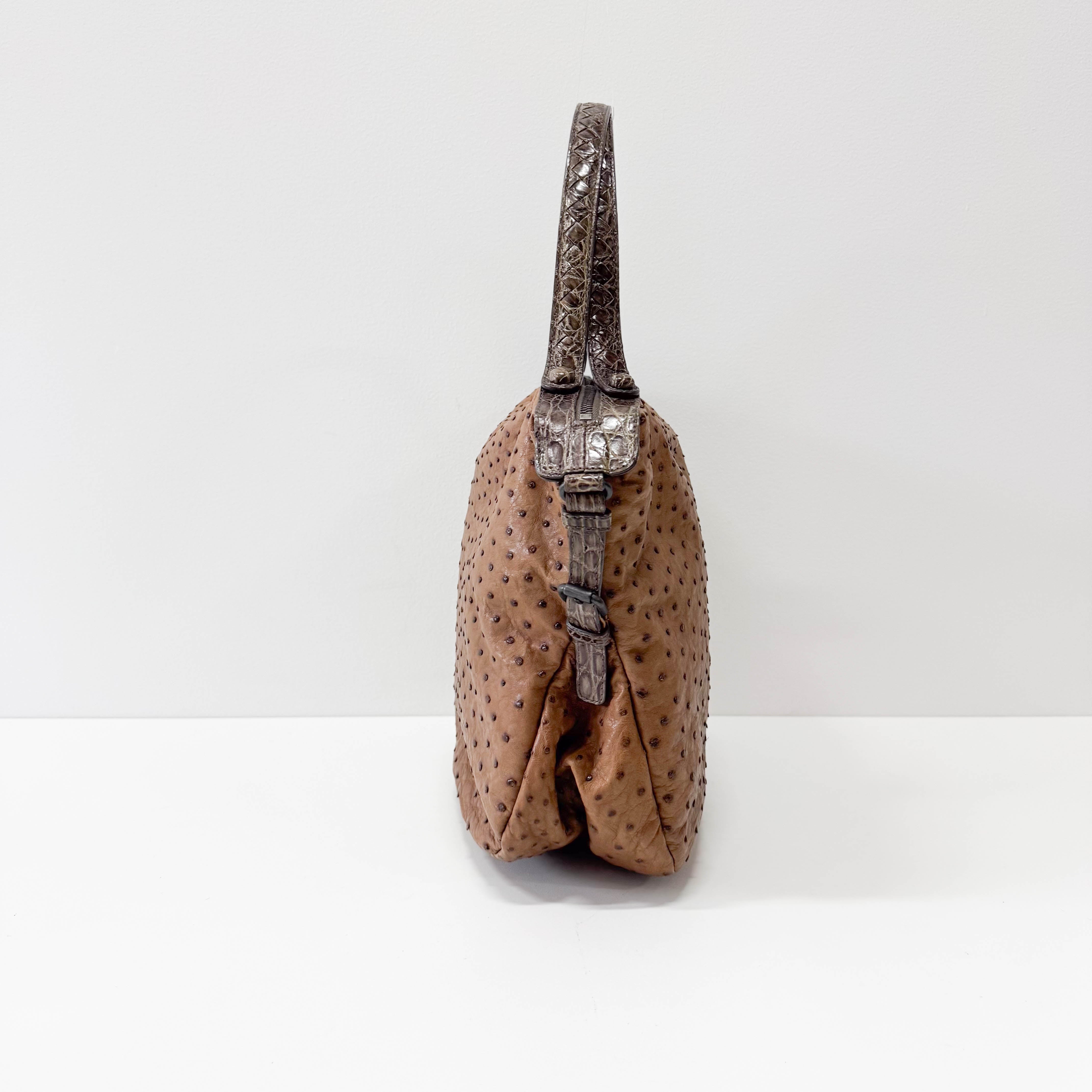 Brown Ostrich Leather Shoulder Bag