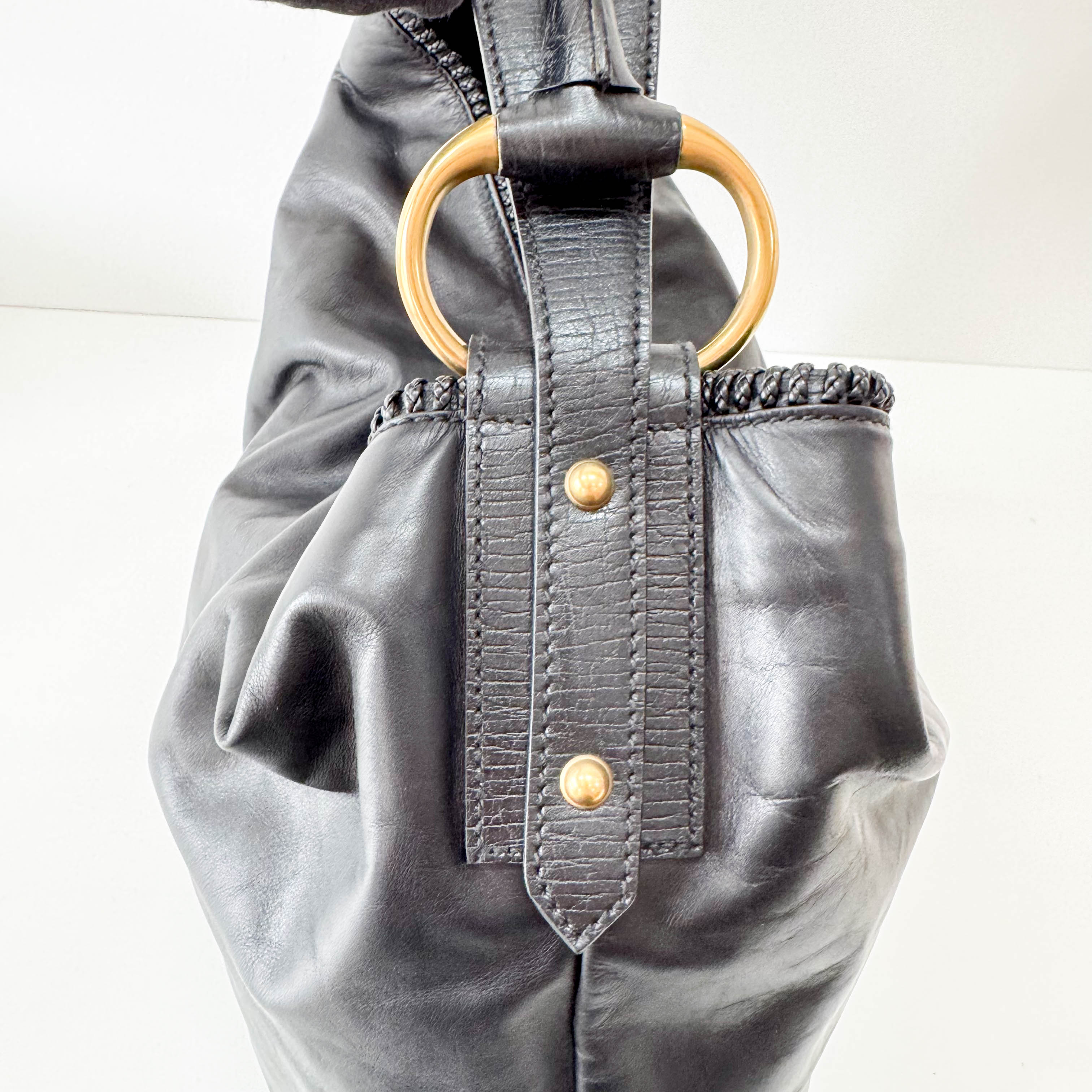 Horsebit Black Leather Hobo Shoulder Bag