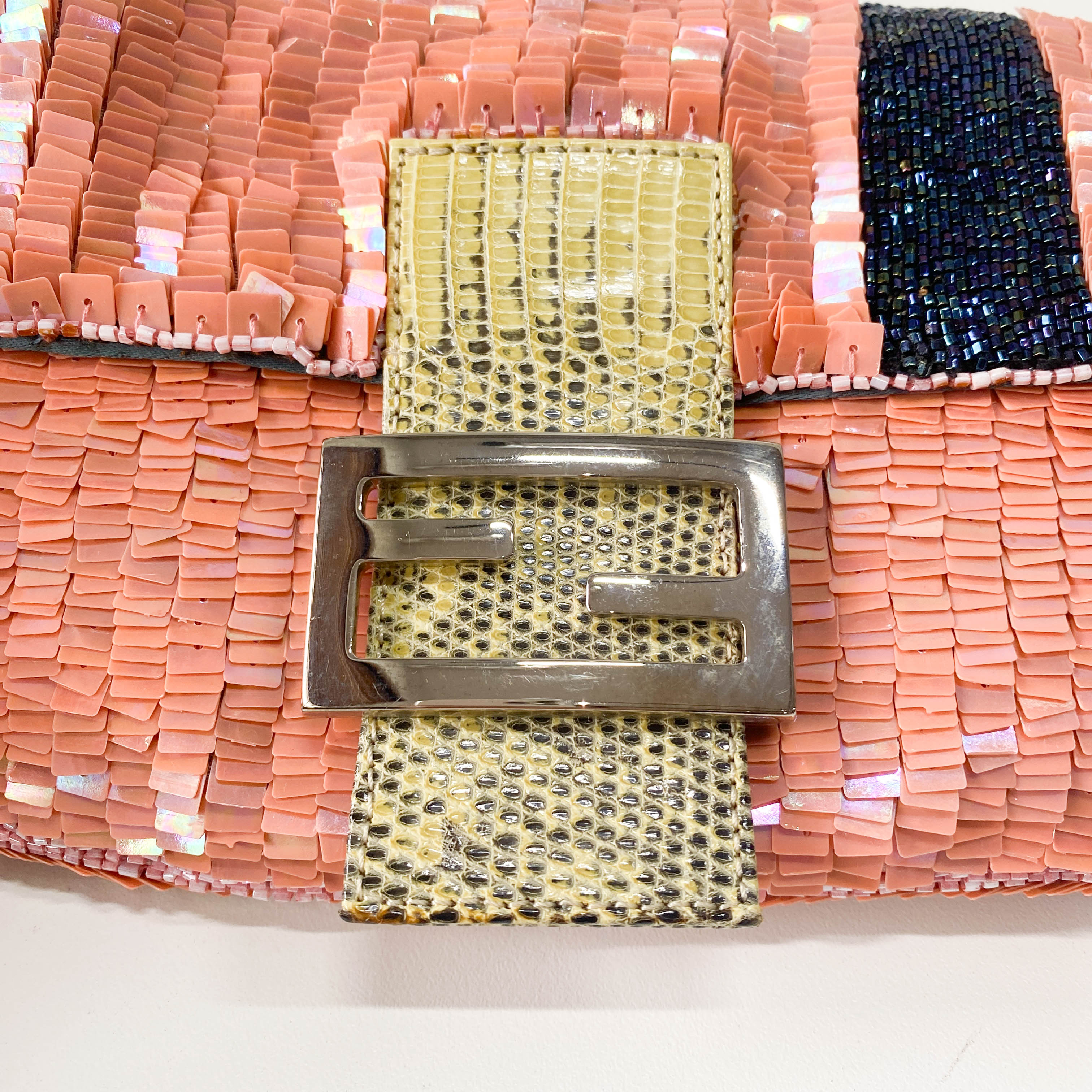 Baguette Pink Beads & Lizard Leather Shoulder Bag