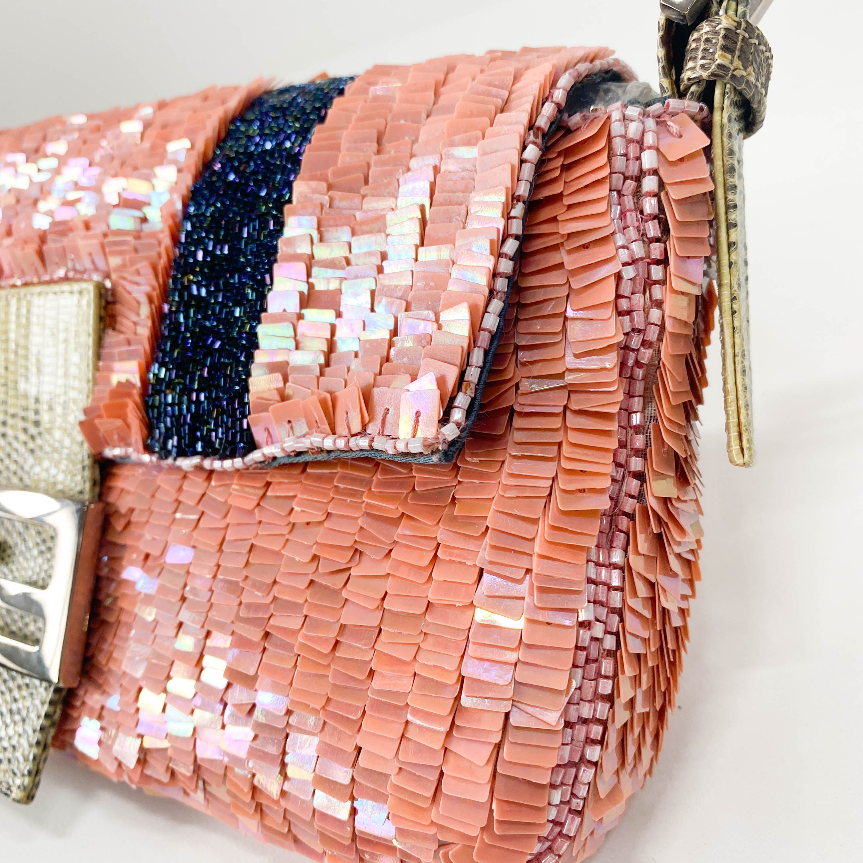 Baguette Pink Beads & Lizard Leather Shoulder Bag