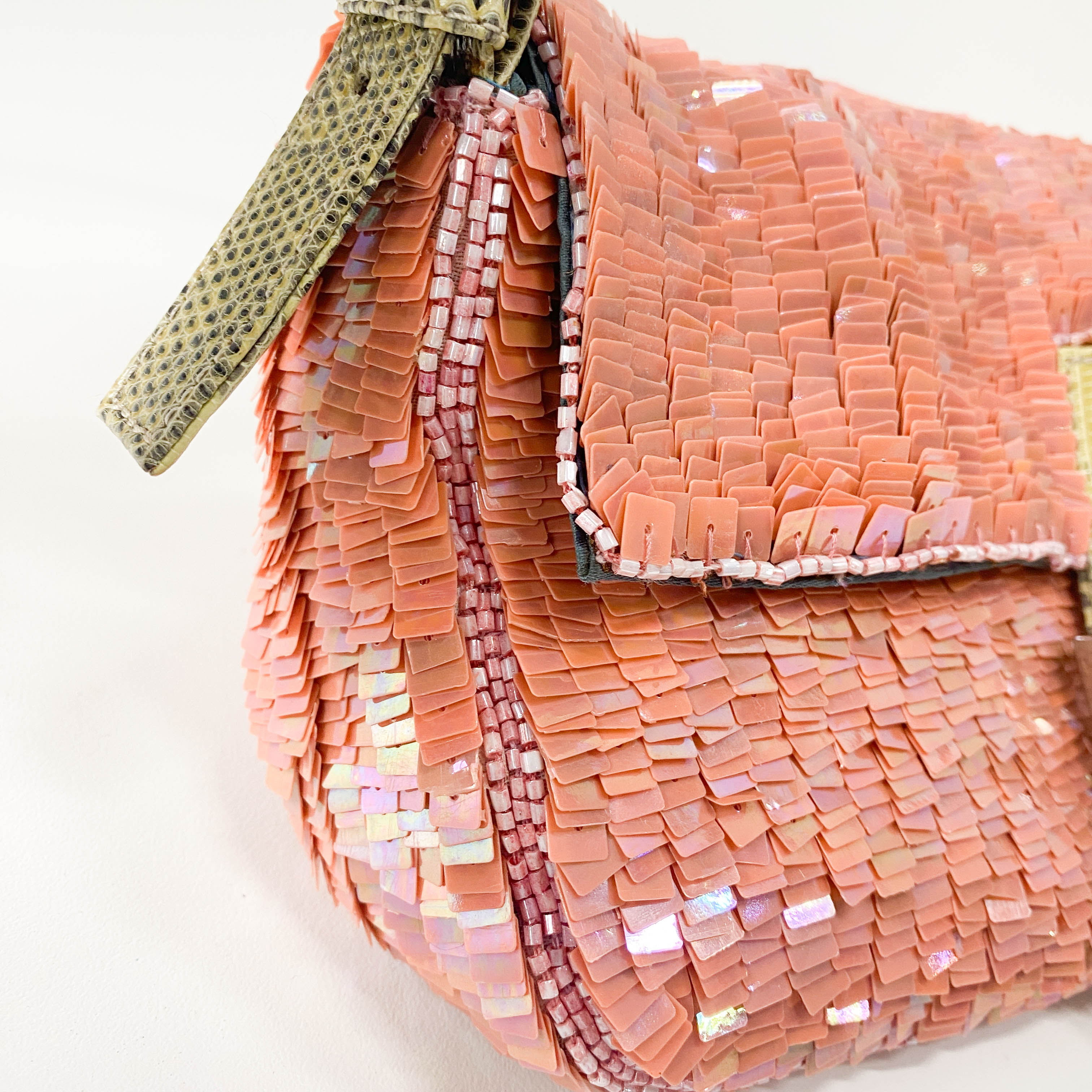 Baguette Pink Beads & Lizard Leather Shoulder Bag