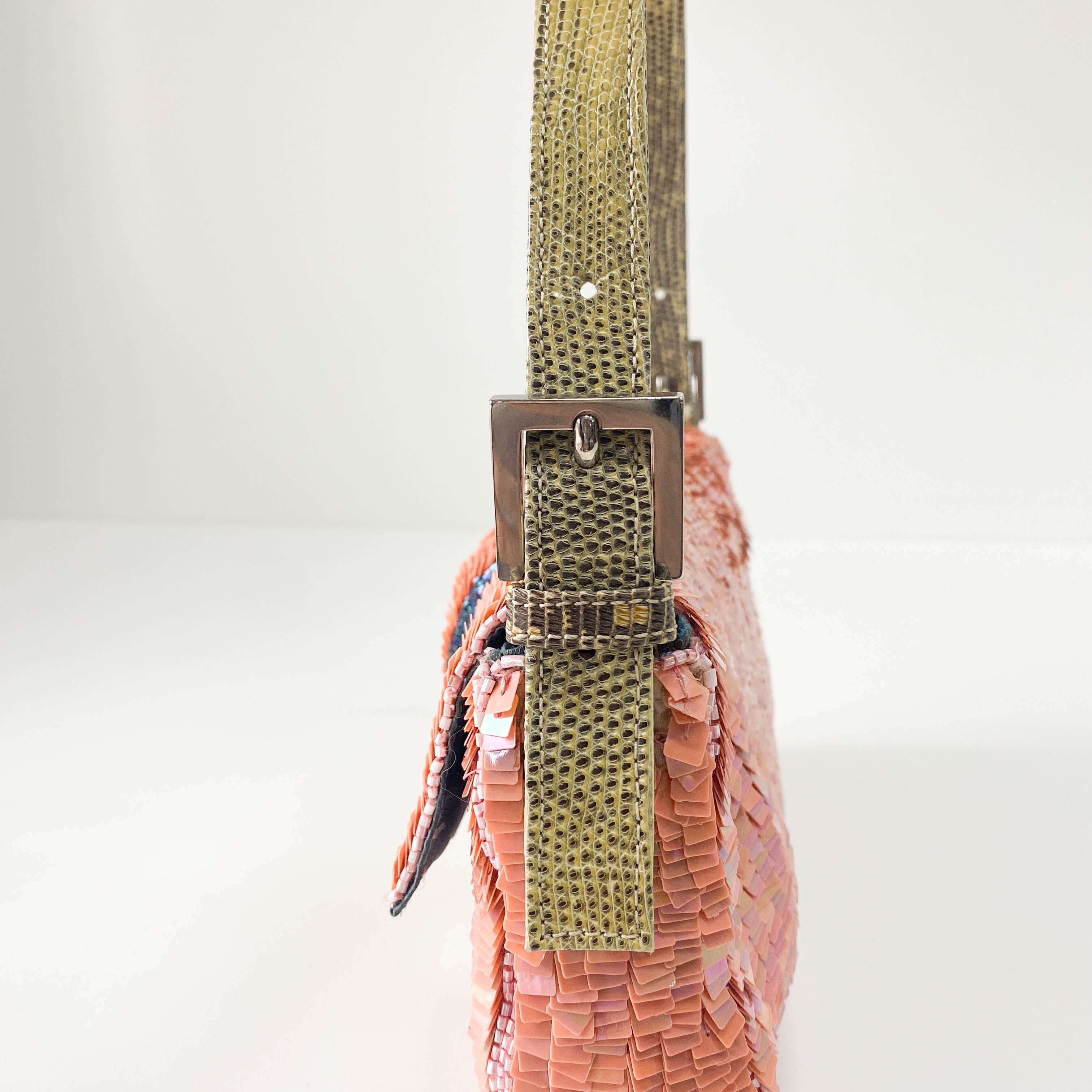 Baguette Pink Beads & Lizard Leather Shoulder Bag