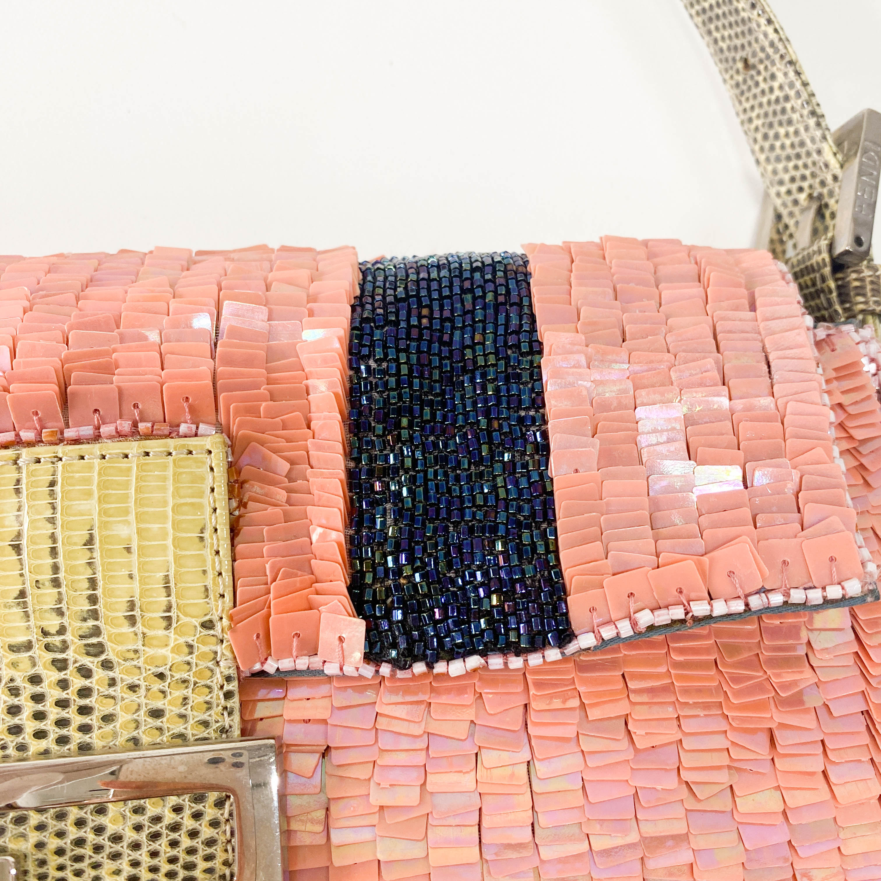 Baguette Pink Beads & Lizard Leather Shoulder Bag