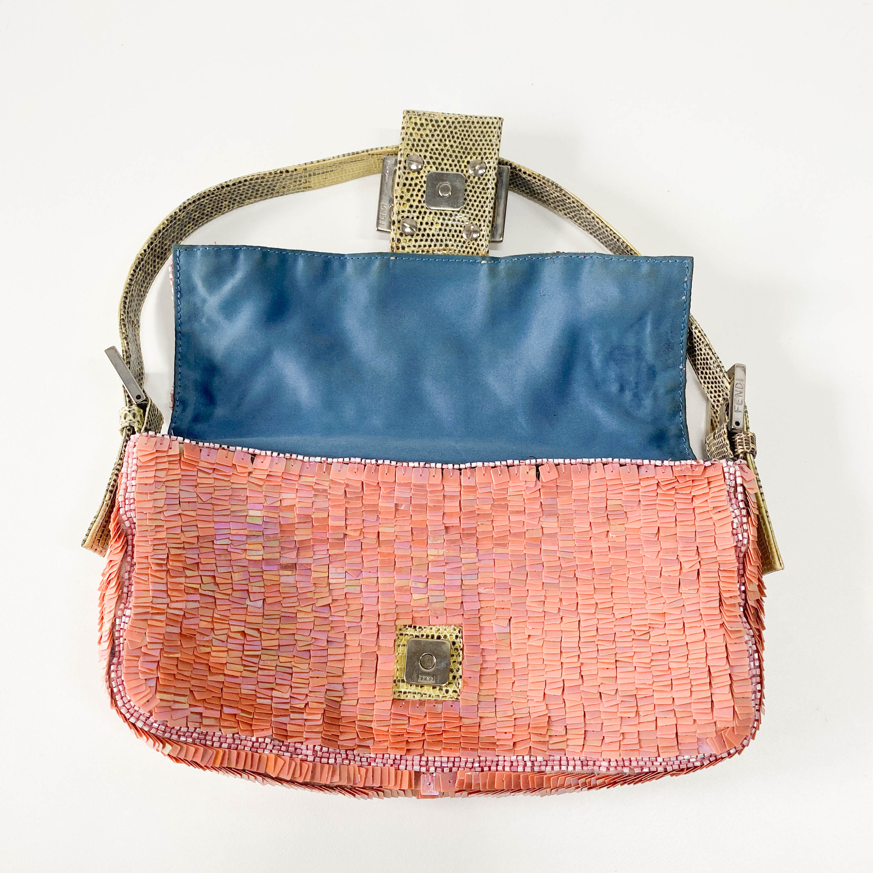 Baguette Pink Beads & Lizard Leather Shoulder Bag