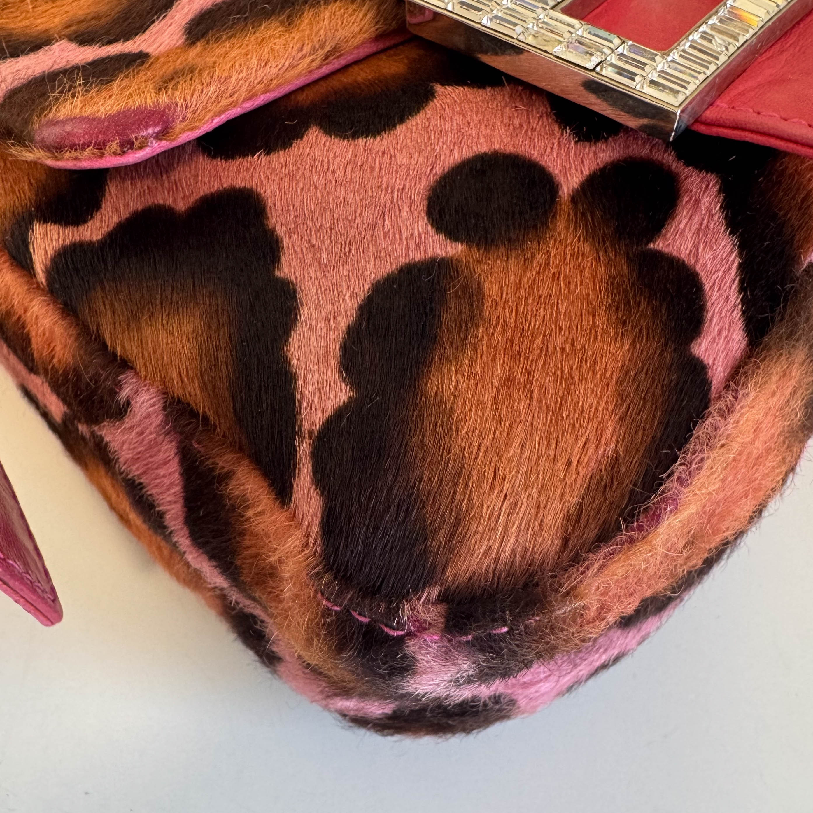 Mini Square Mamma Baguette Leopard Print Pony Hair Rhinestone Shoulder Bag