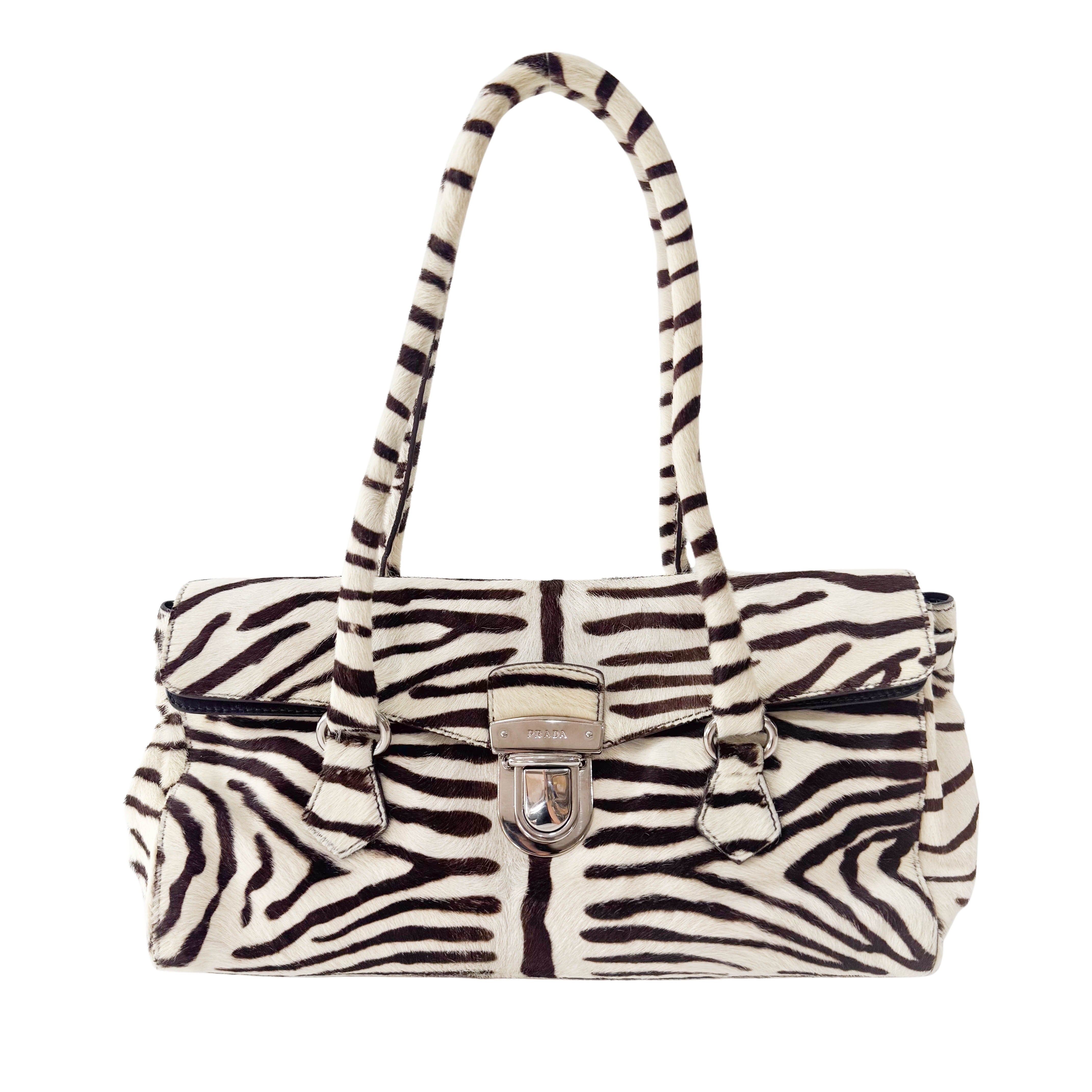 Neutral Zebra Print Pony Hair Shoulder Bag