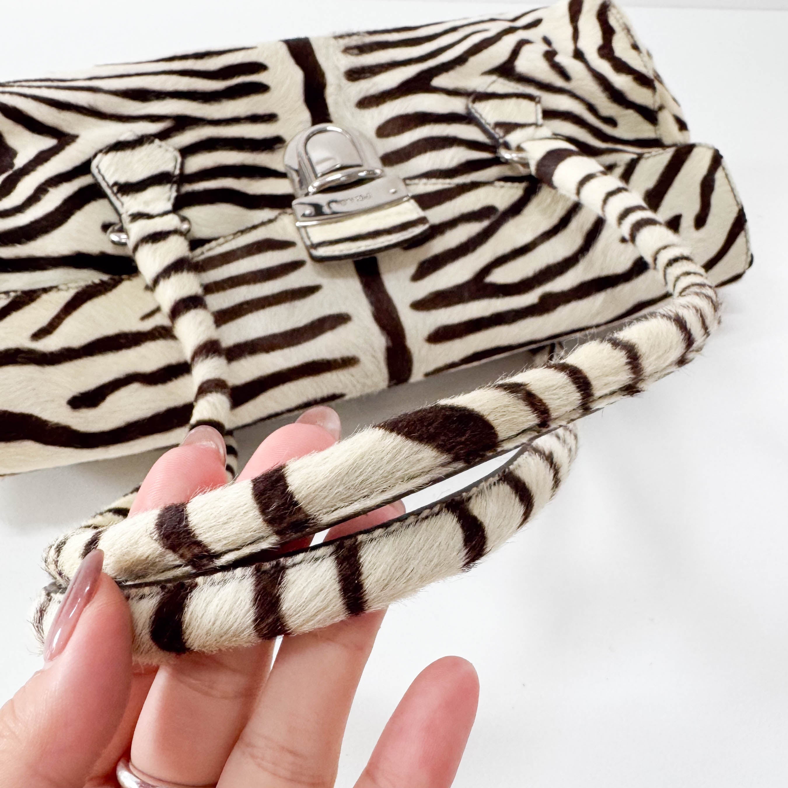 Neutral Zebra Print Pony Hair Shoulder Bag