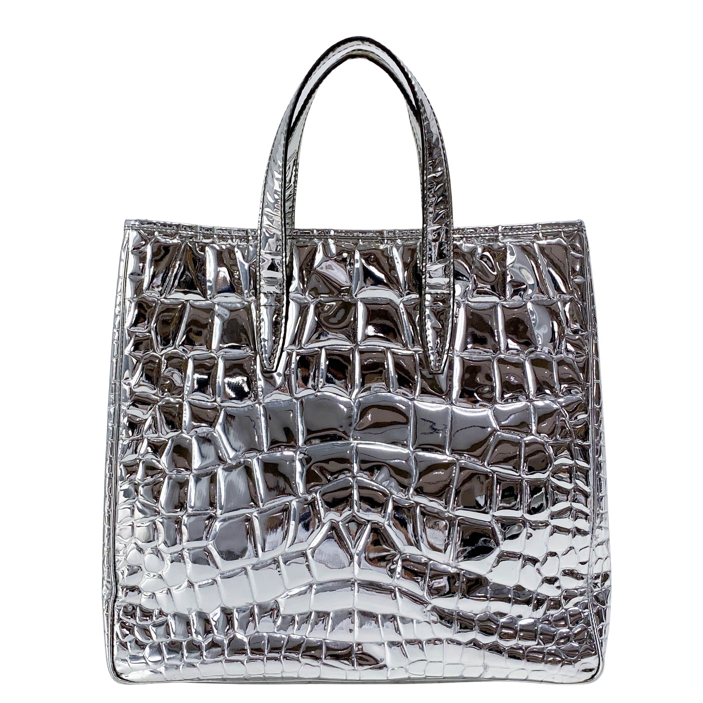 Silver Croc Embossed Patent Leather Tote Bag