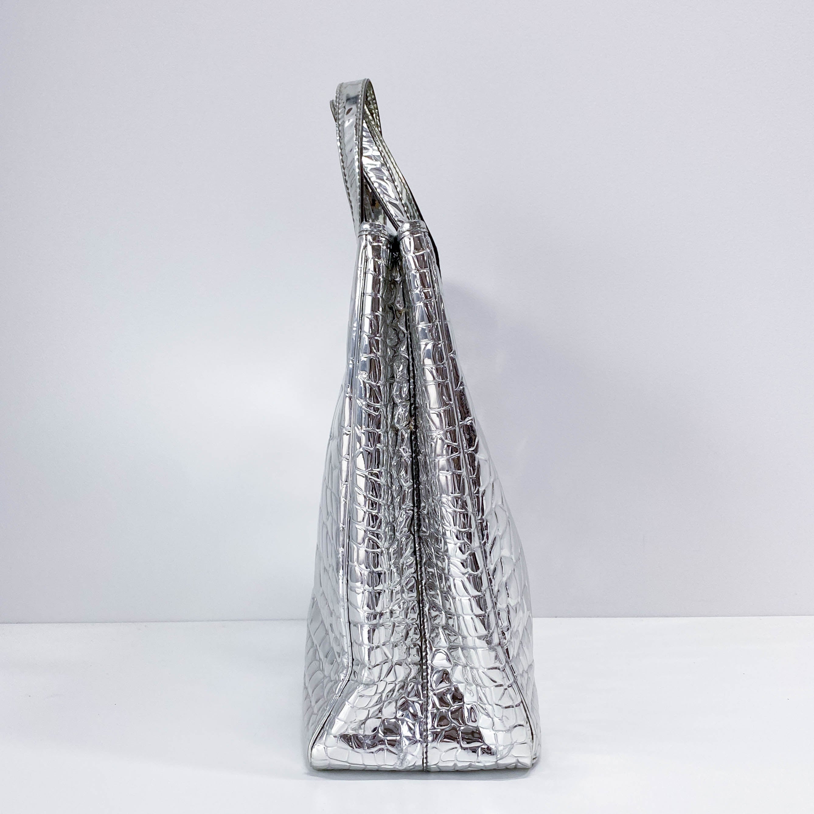 Silver Croc Embossed Patent Leather Tote Bag
