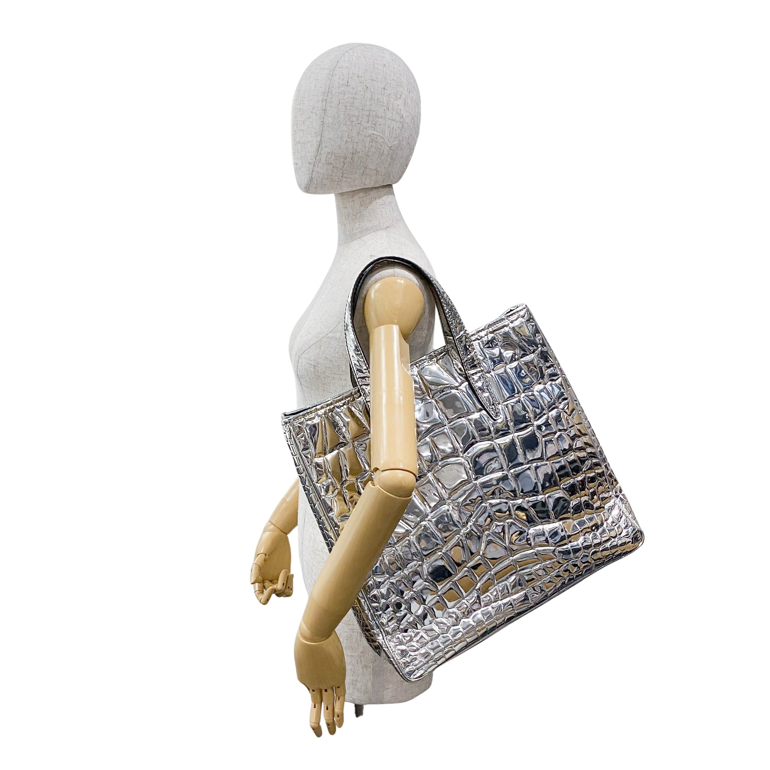 Silver Croc Embossed Patent Leather Tote Bag