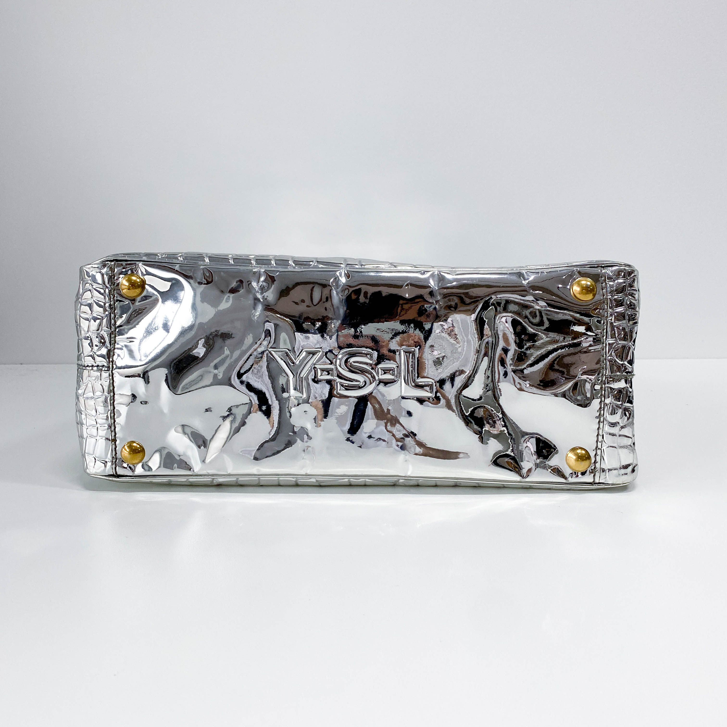 Silver Croc Embossed Patent Leather Tote Bag