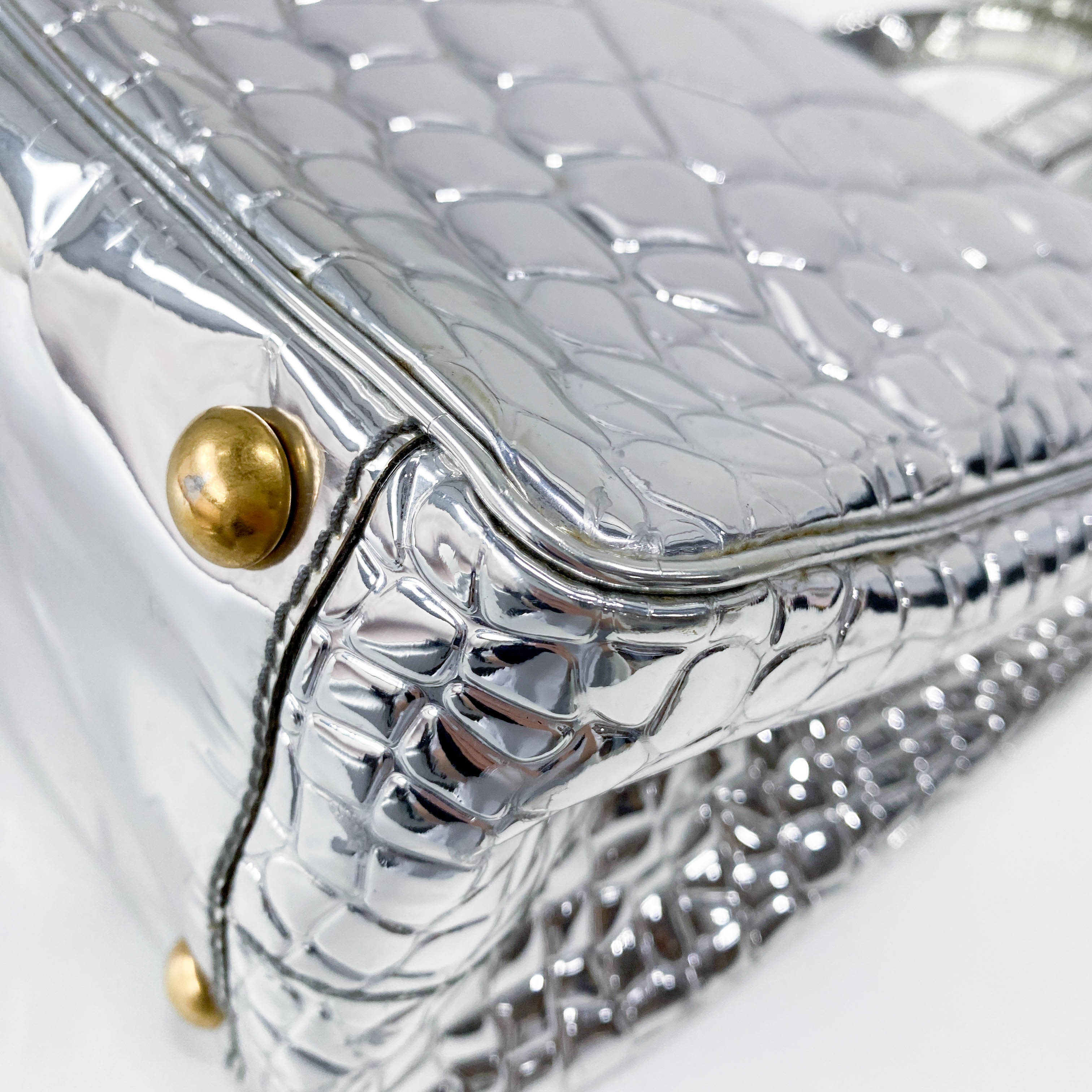 Silver Croc Embossed Patent Leather Tote Bag