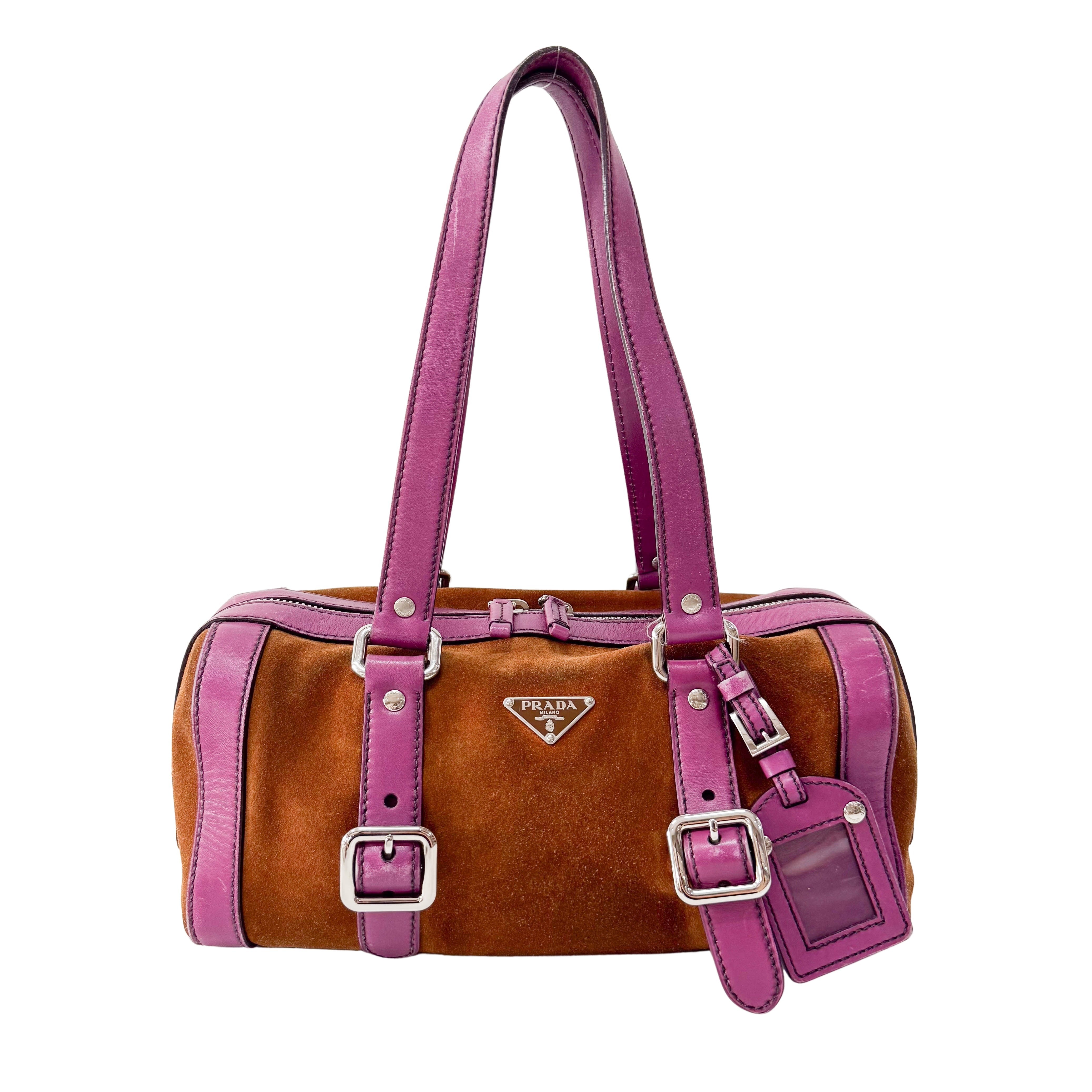 Brown Suede Purple Leather Shoulder Bag