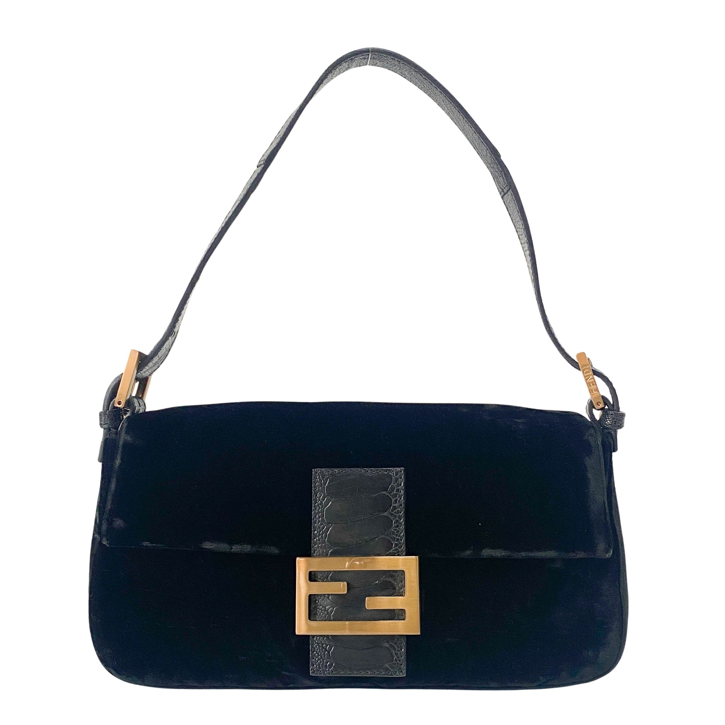 Baguette Black Velvet & Lizard Leather Shoulder Bag