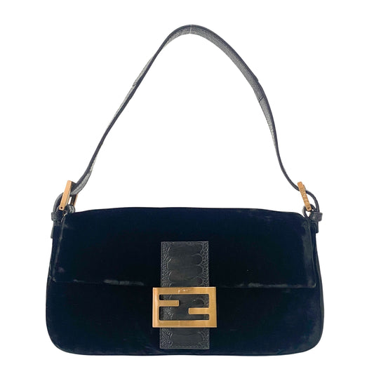 Baguette Black Velvet & Lizard Leather Shoulder Bag