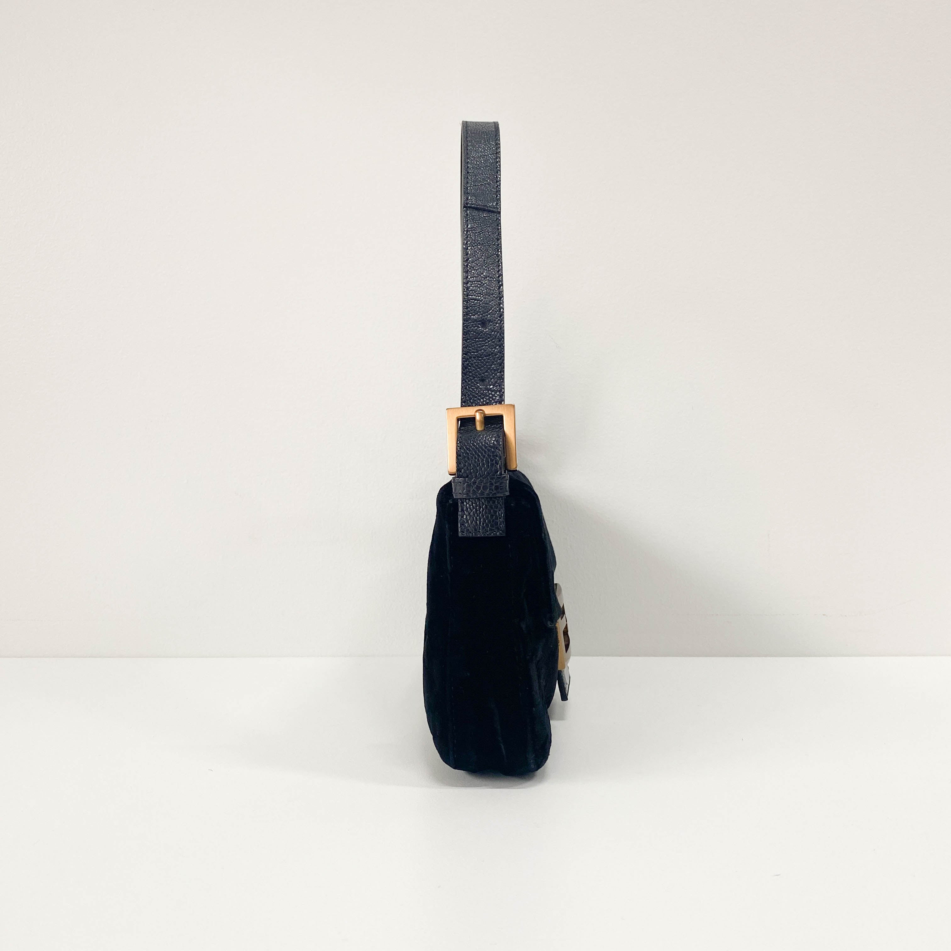 Baguette Black Velvet & Lizard Leather Shoulder Bag