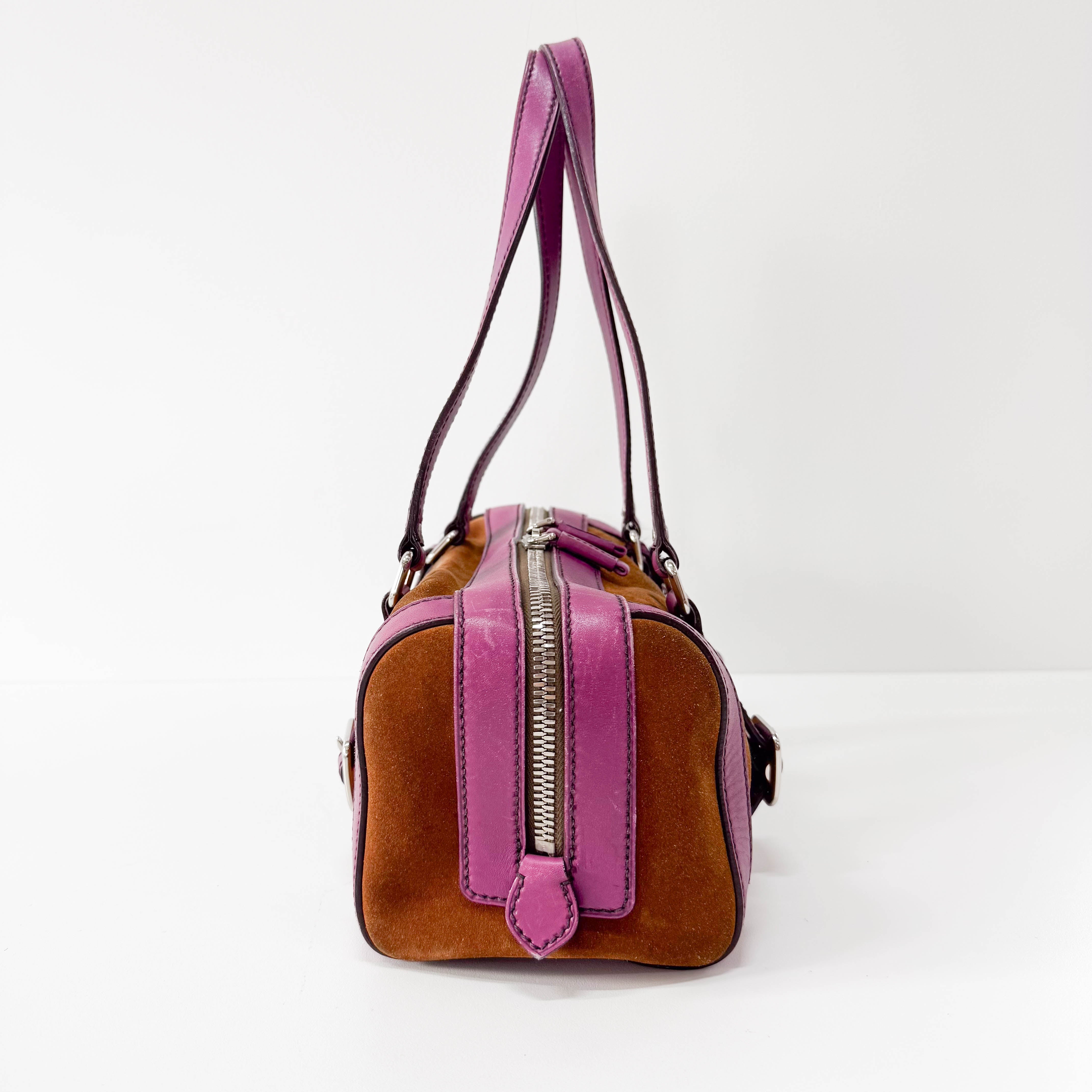 Brown Suede Purple Leather Shoulder Bag