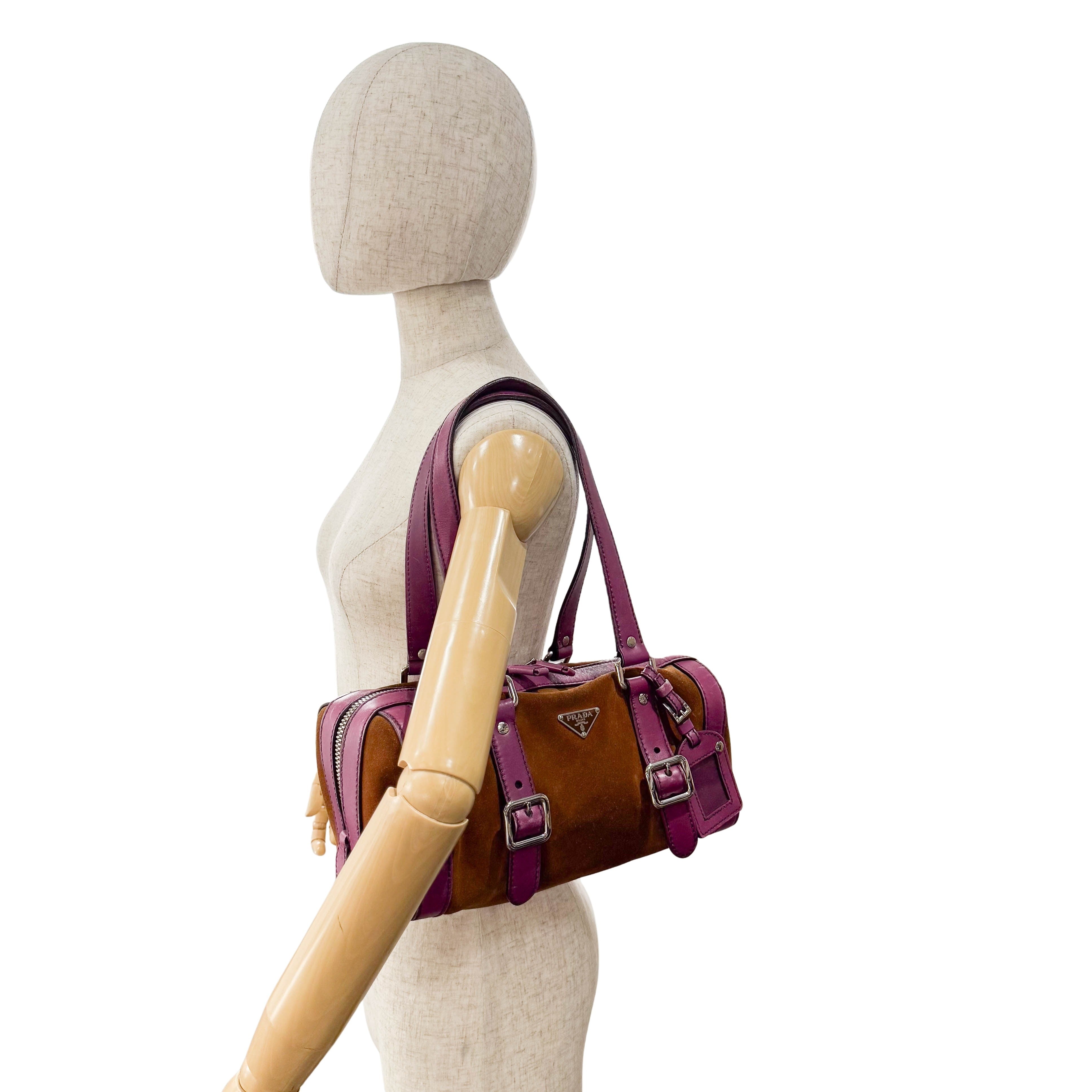 Brown Suede Purple Leather Shoulder Bag