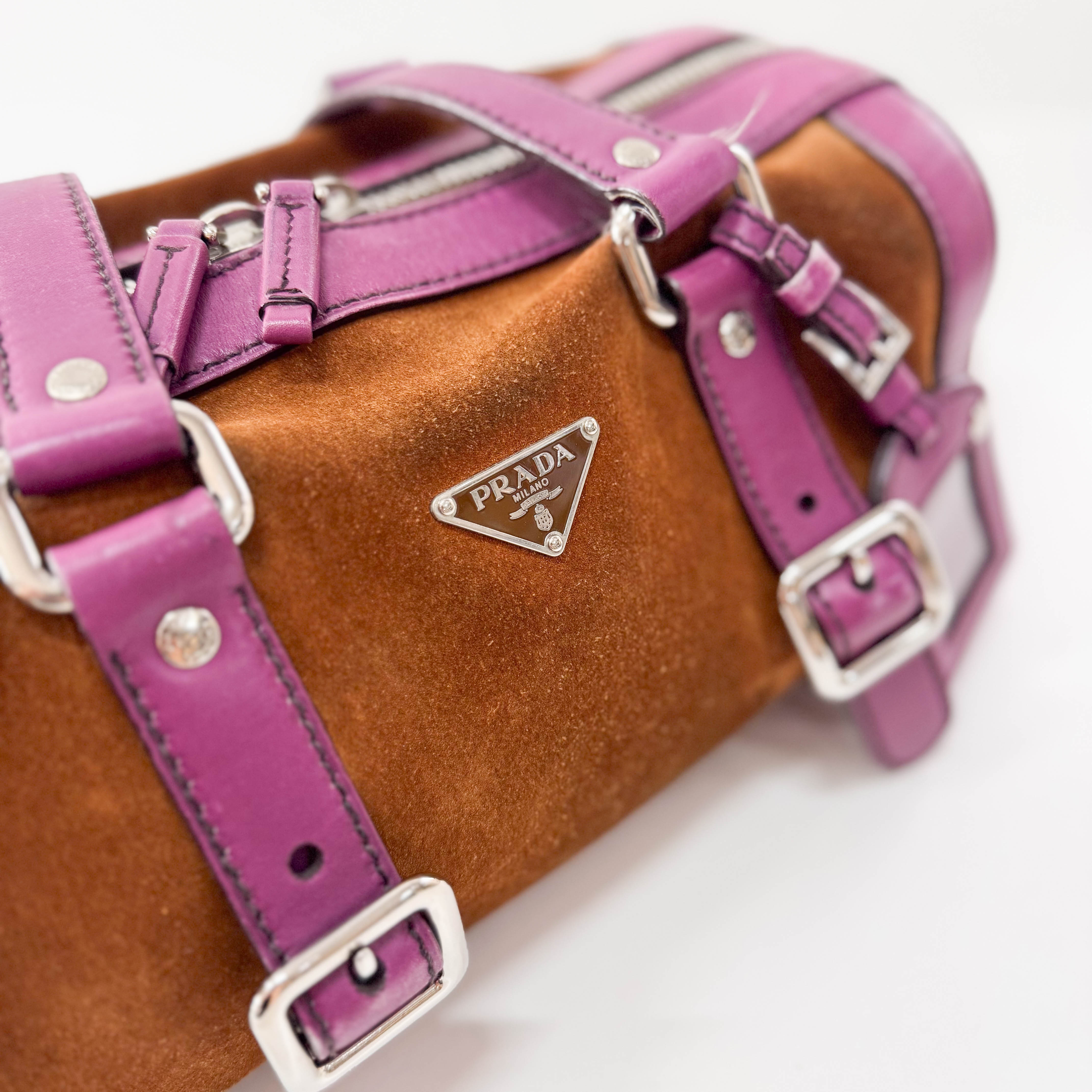 Brown Suede Purple Leather Shoulder Bag