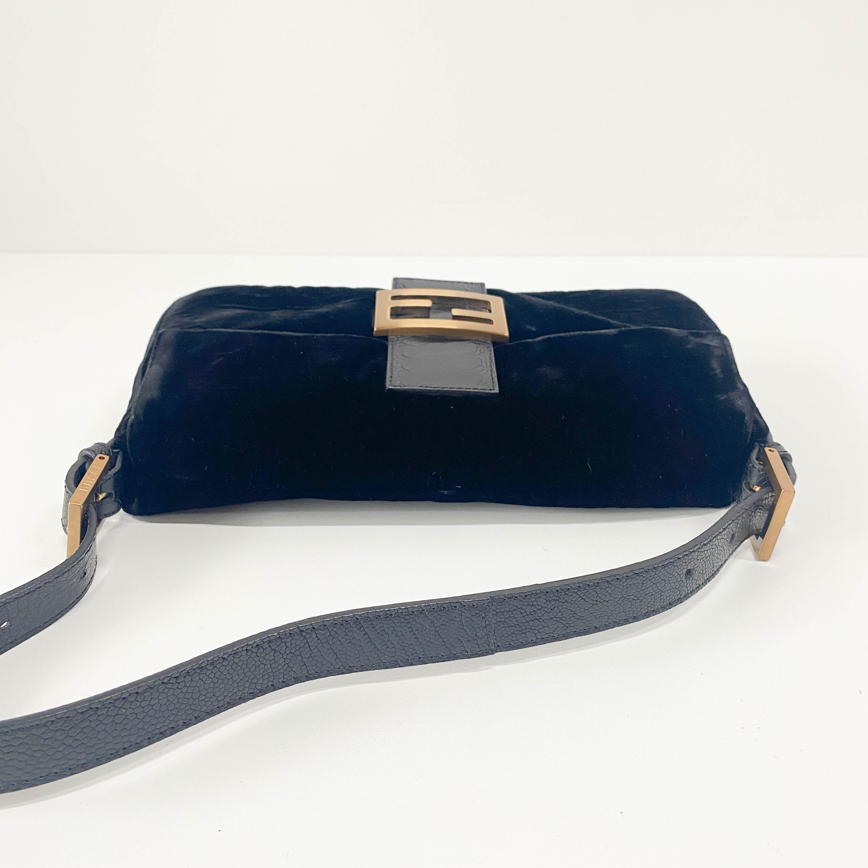 Baguette Black Velvet & Lizard Leather Shoulder Bag