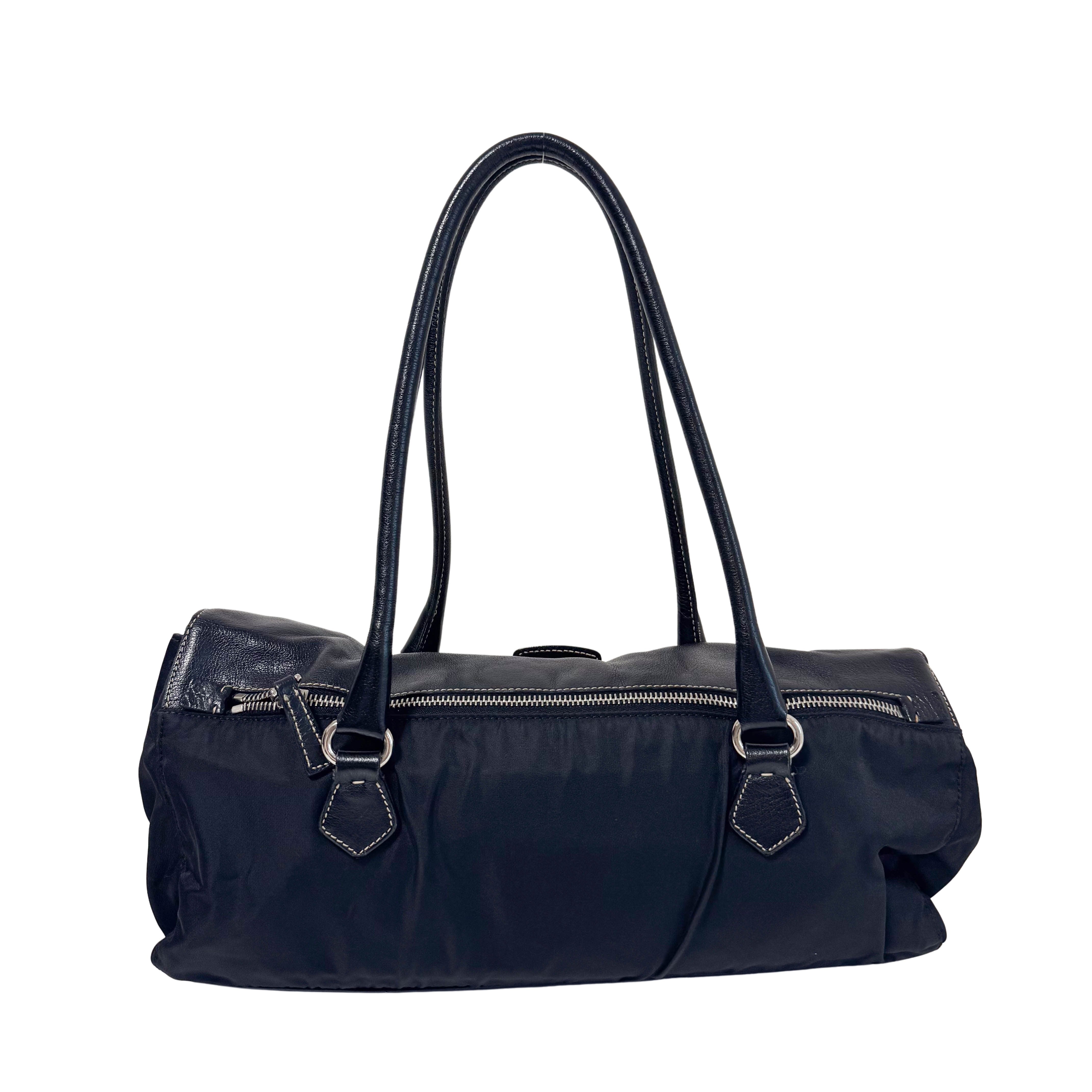 Black Nylon and Leather Shoulder Bag