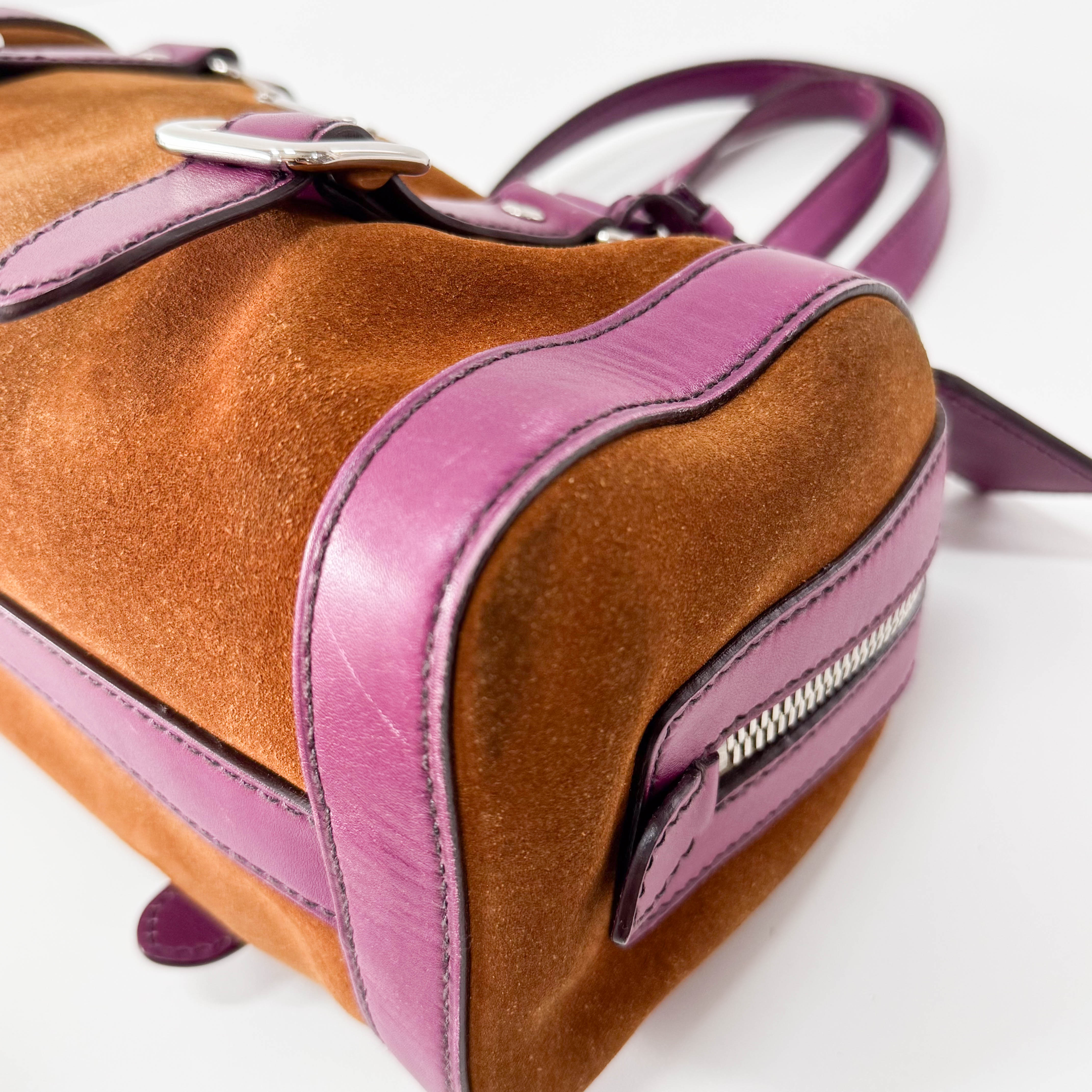 Brown Suede Purple Leather Shoulder Bag