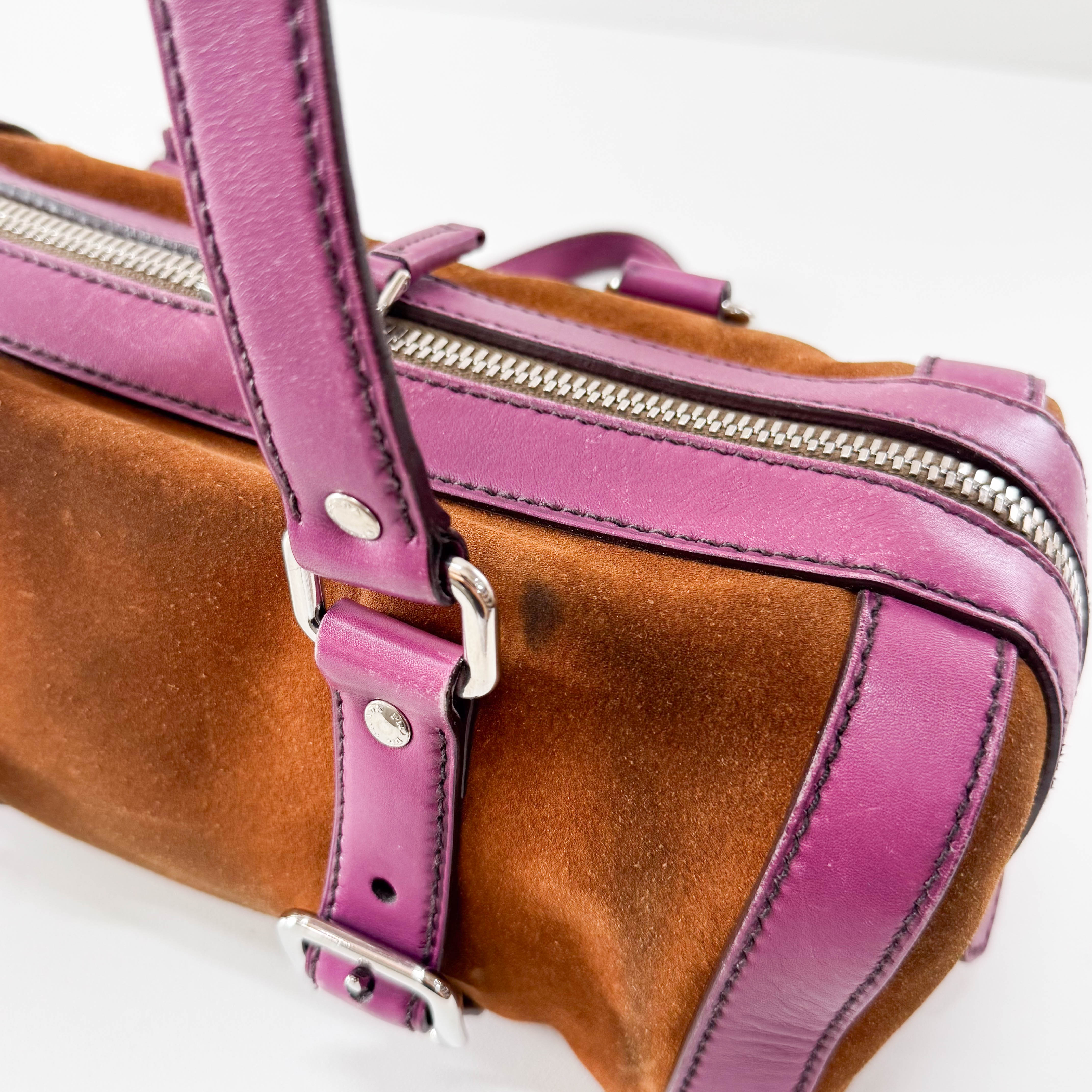 Brown Suede Purple Leather Shoulder Bag