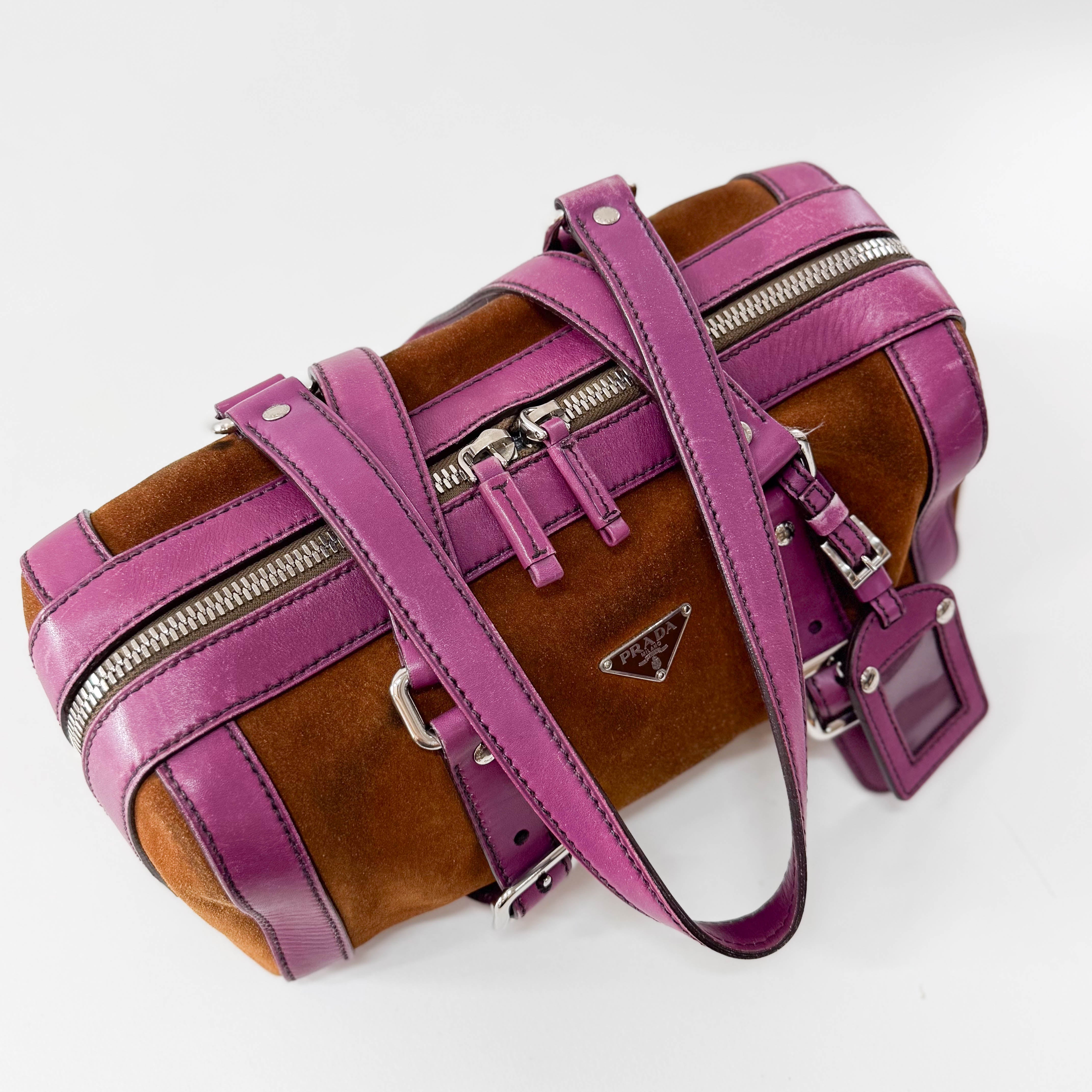 Brown Suede Purple Leather Shoulder Bag