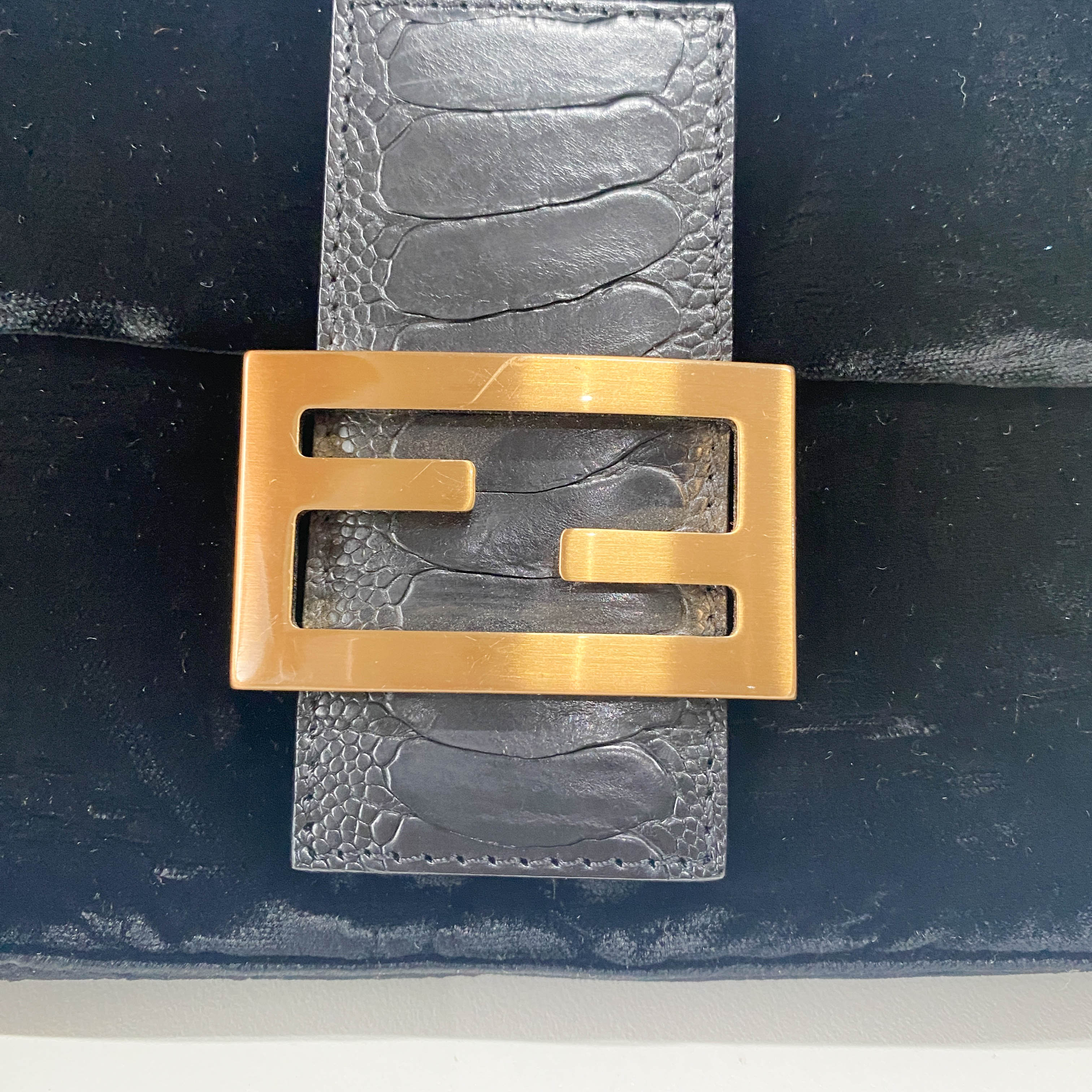 Baguette Black Velvet & Lizard Leather Shoulder Bag