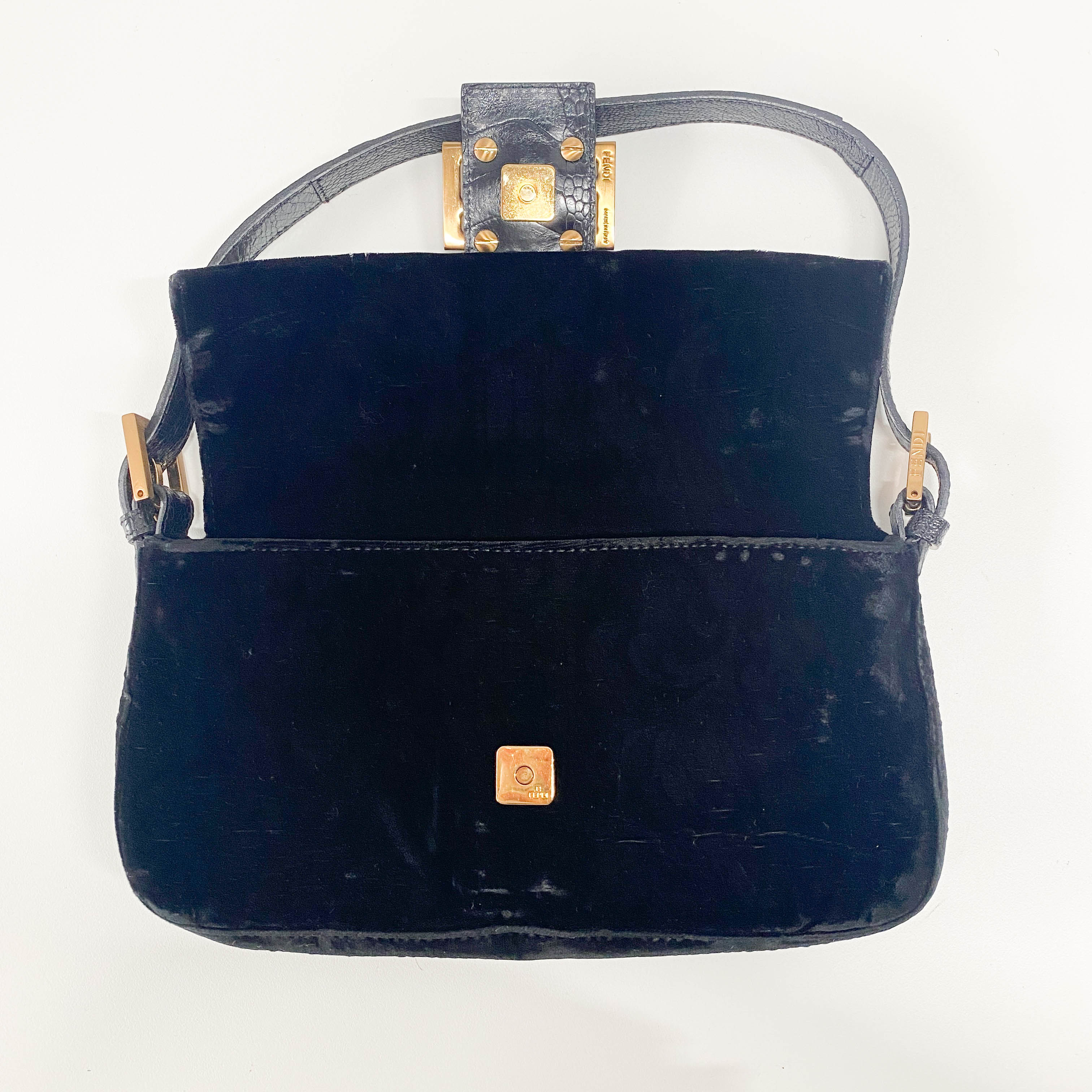 Baguette Black Velvet & Lizard Leather Shoulder Bag