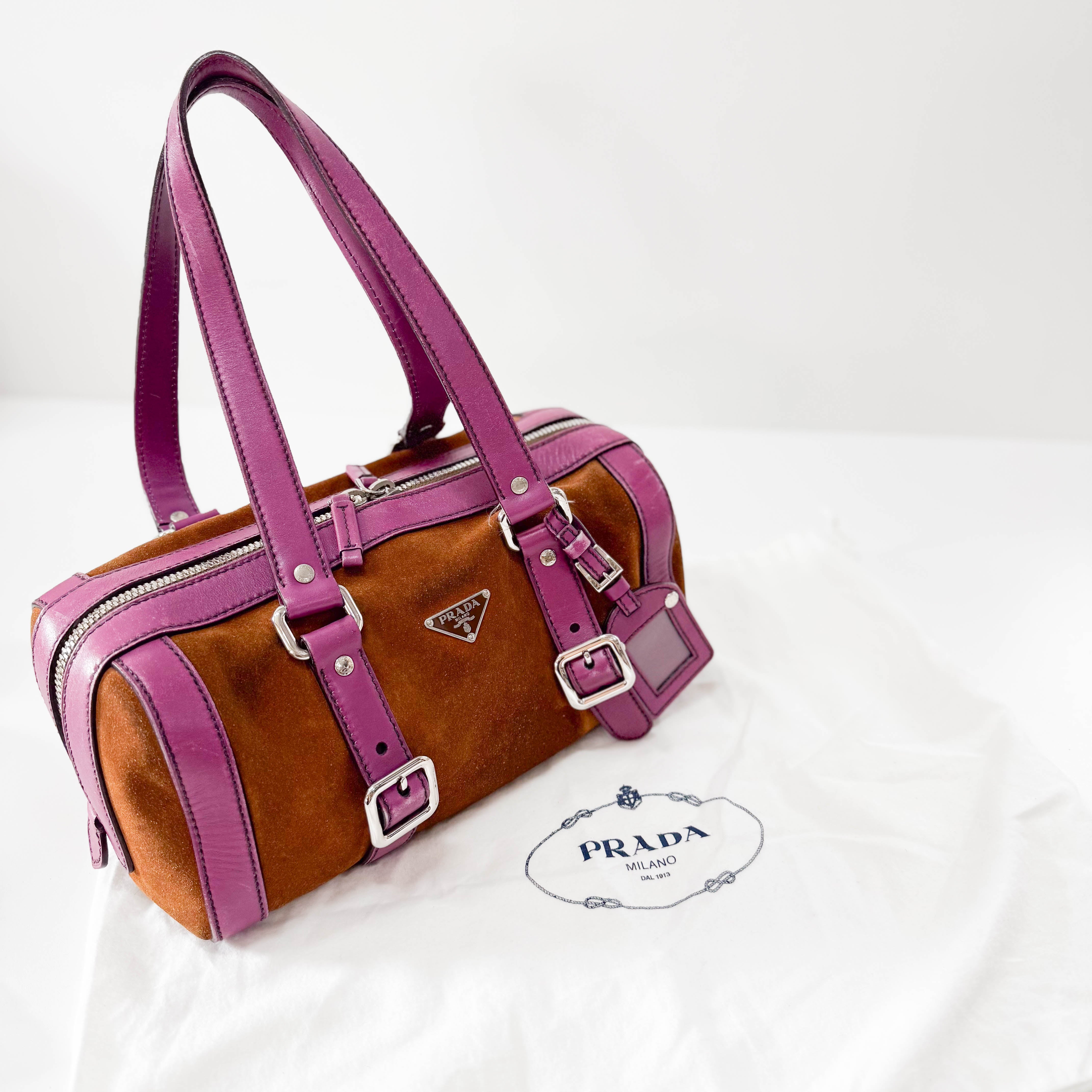 Brown Suede Purple Leather Shoulder Bag