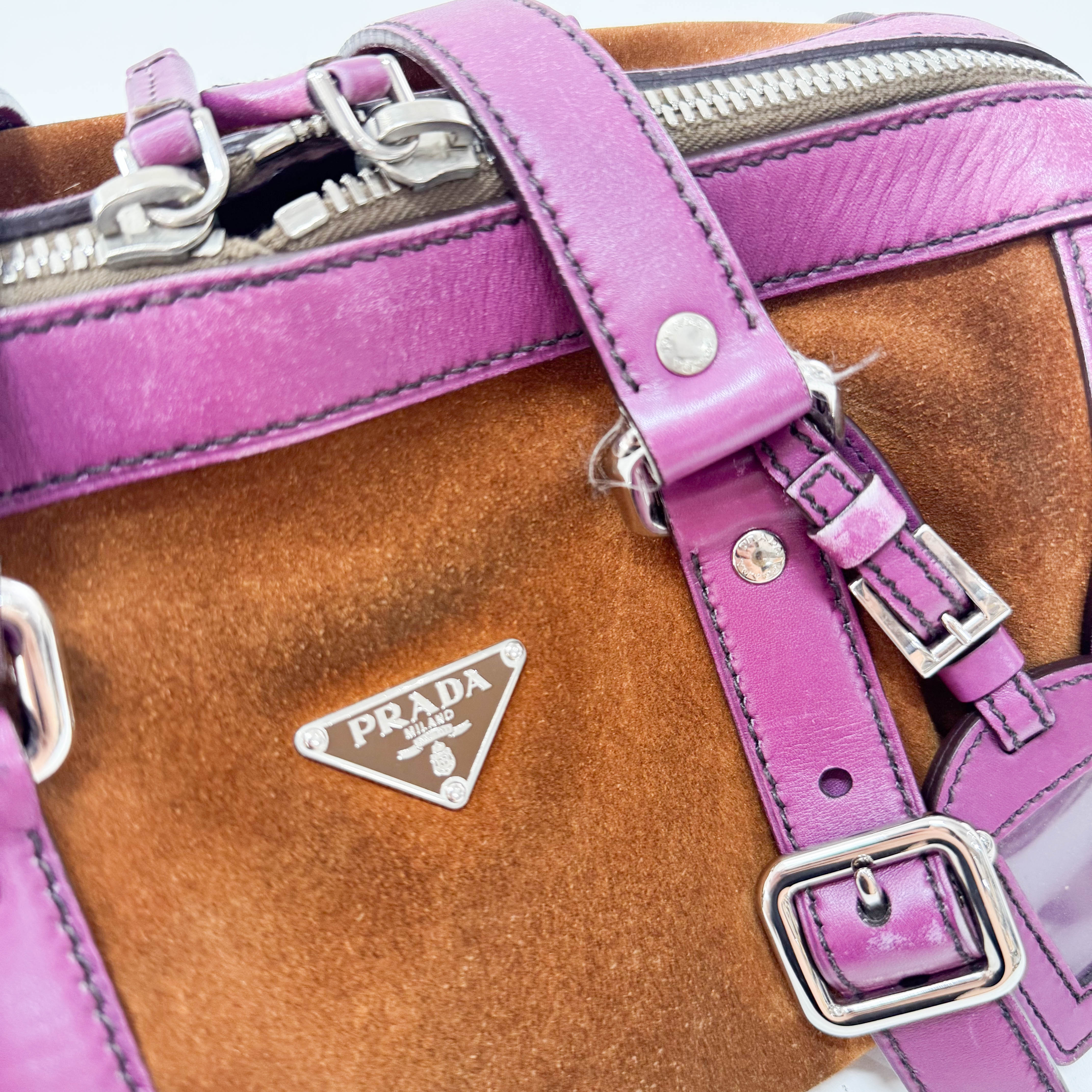 Brown Suede Purple Leather Shoulder Bag