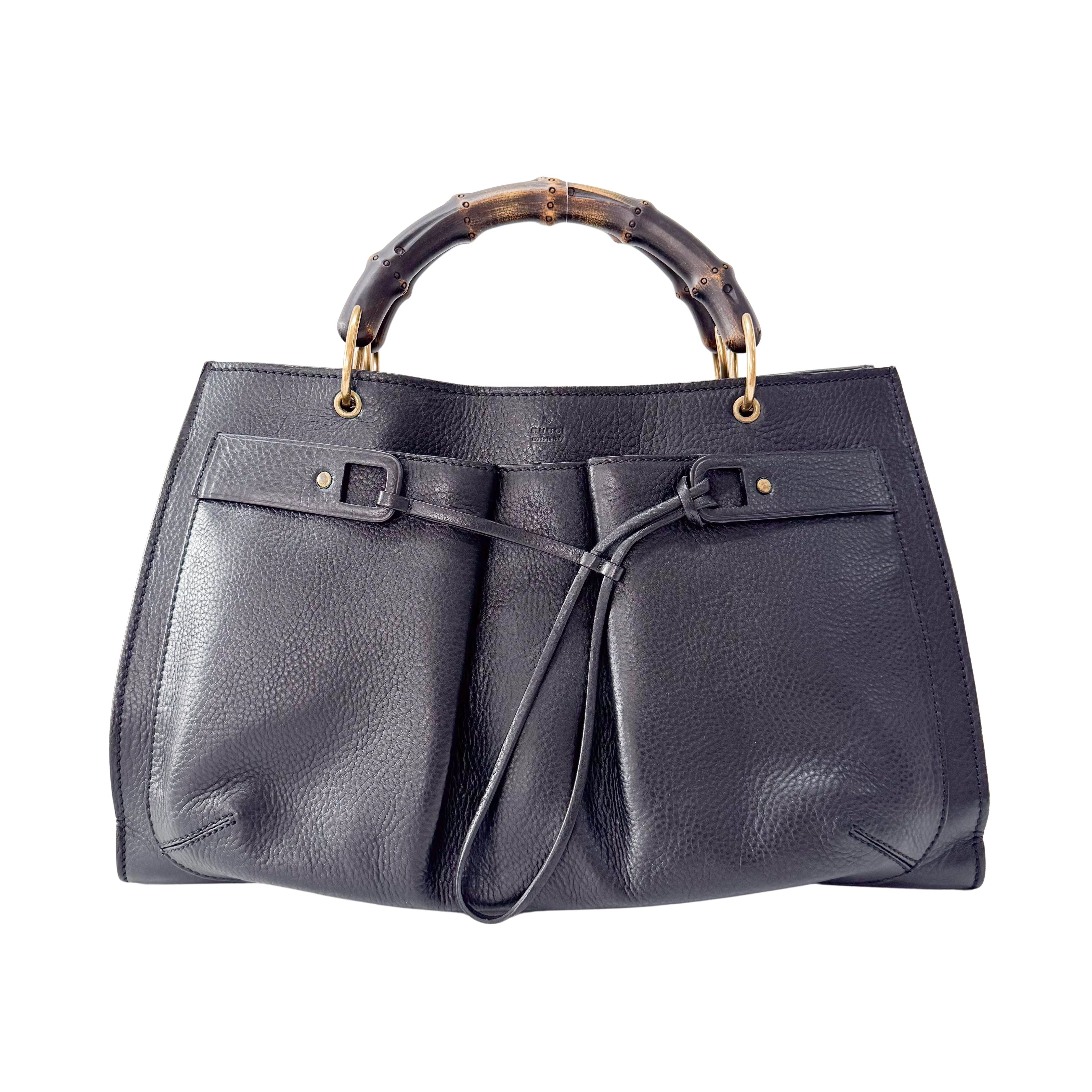 Bamboo Handle Black Leather Bag