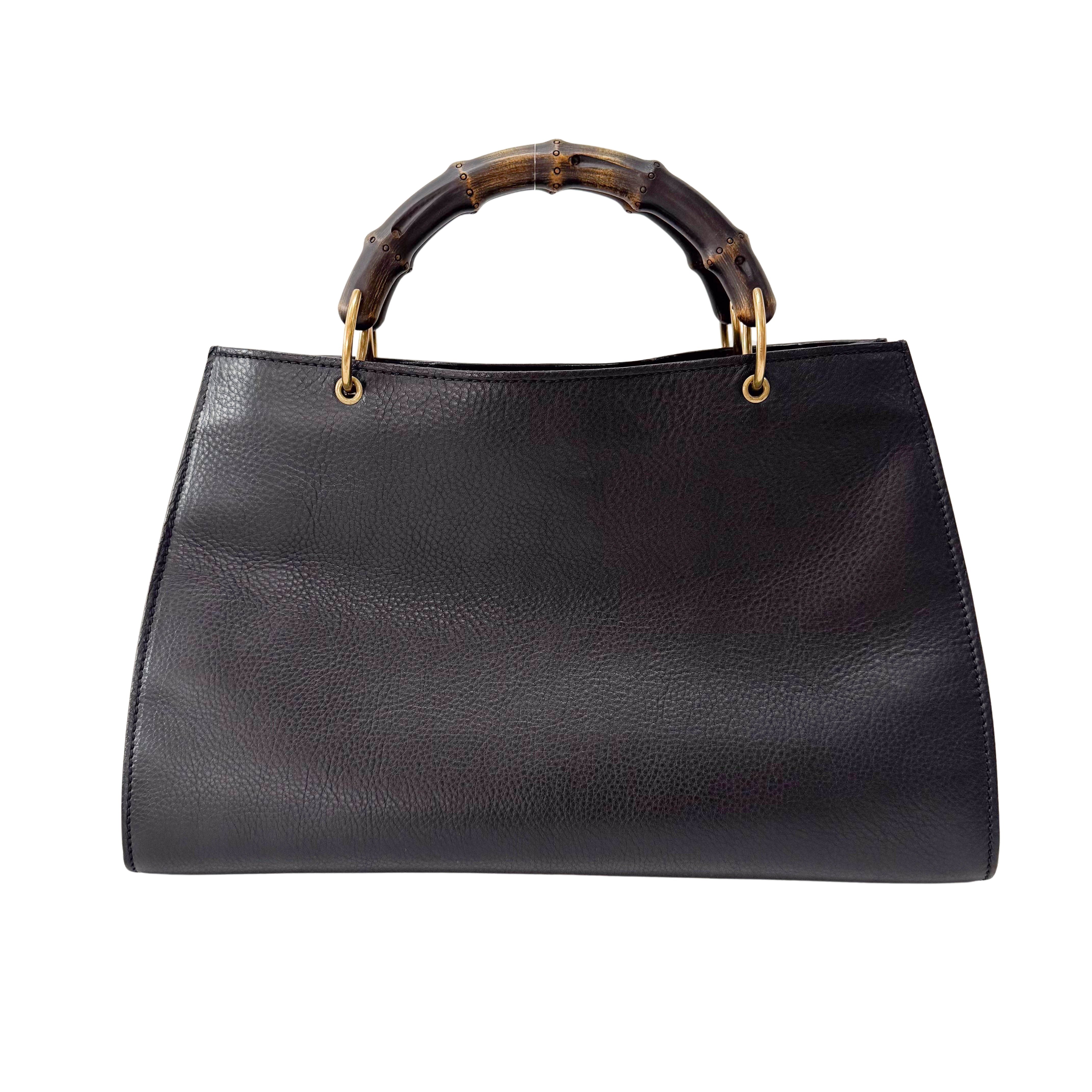 Bamboo Handle Black Leather Bag