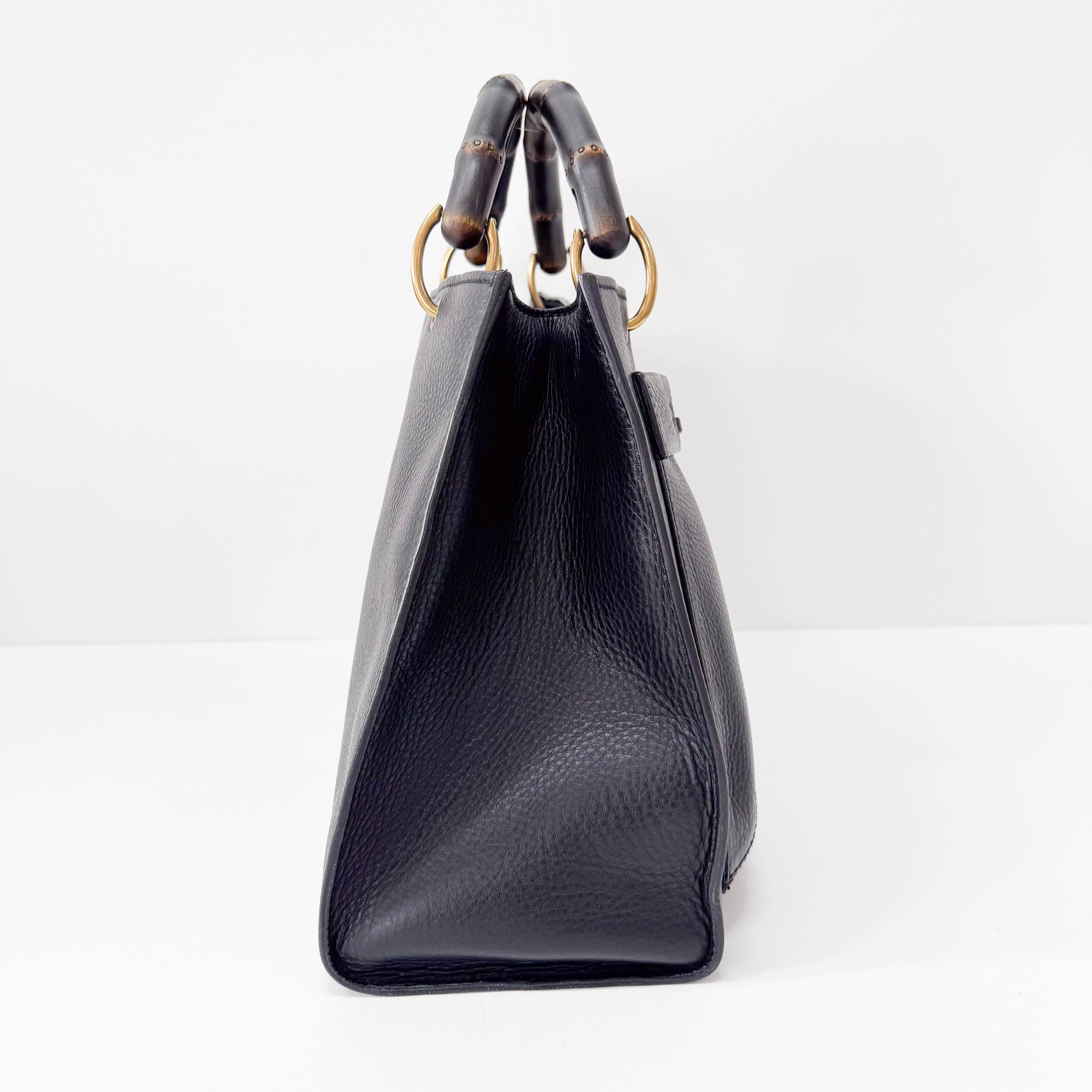 Bamboo Handle Black Leather Bag