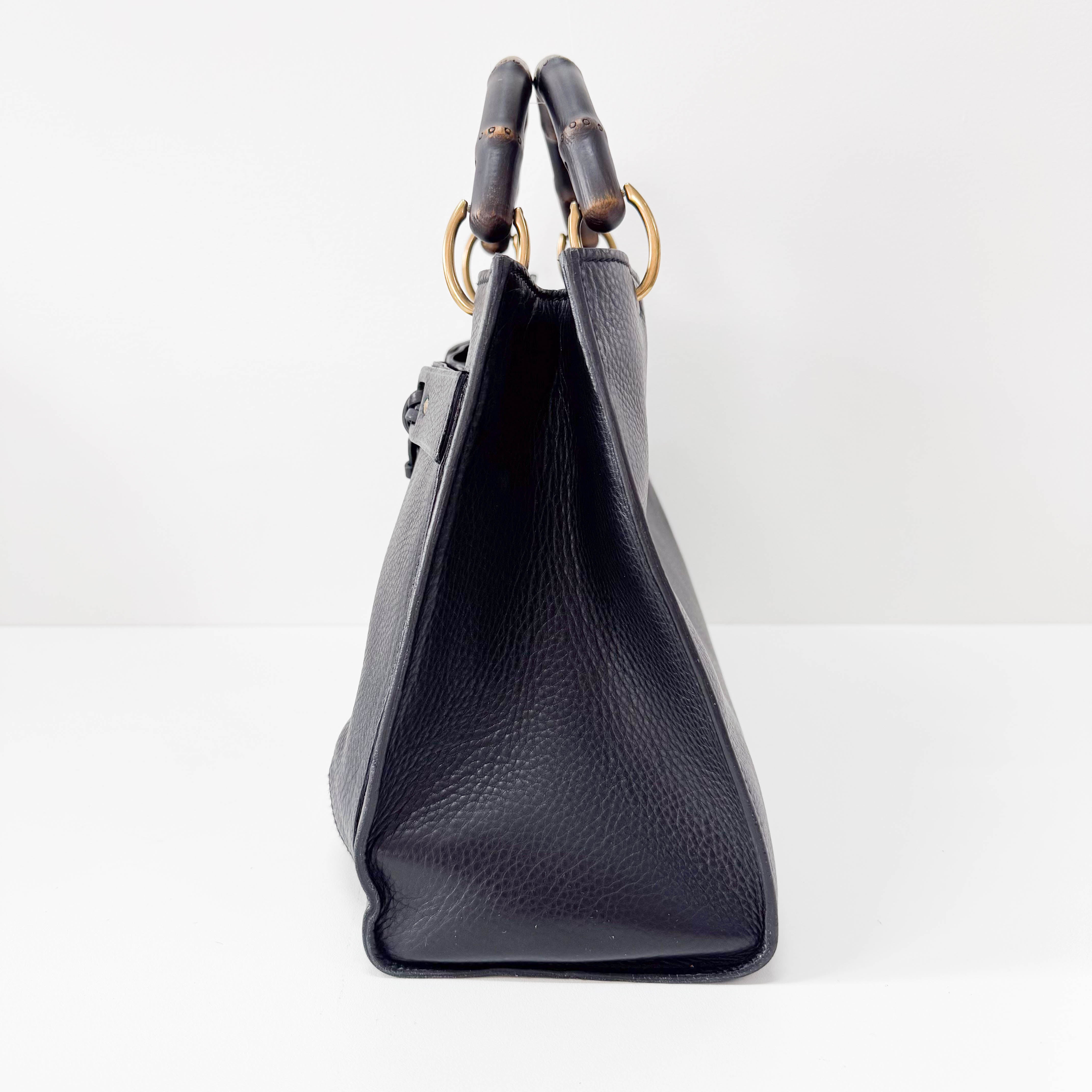 Bamboo Handle Black Leather Bag