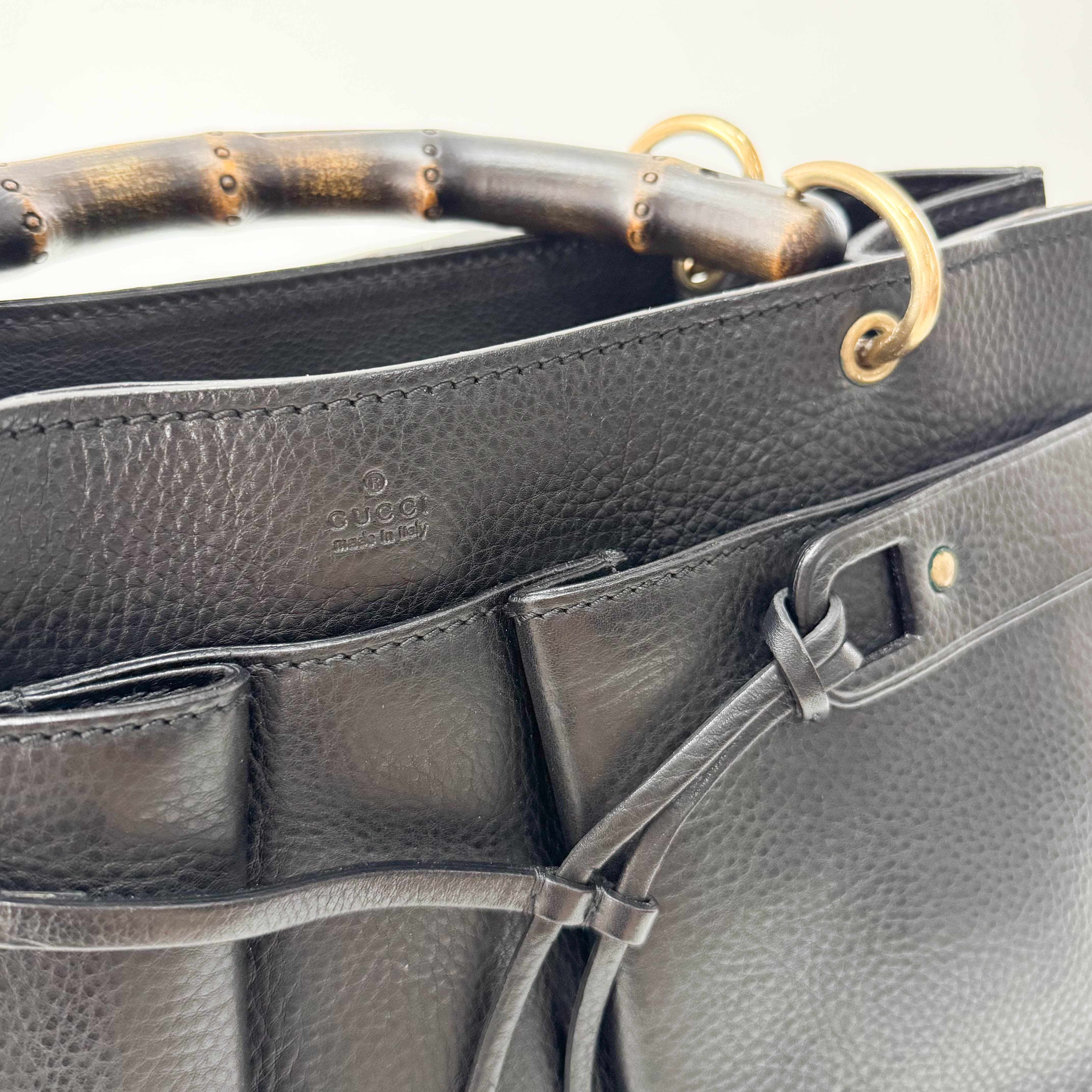 Bamboo Handle Black Leather Bag