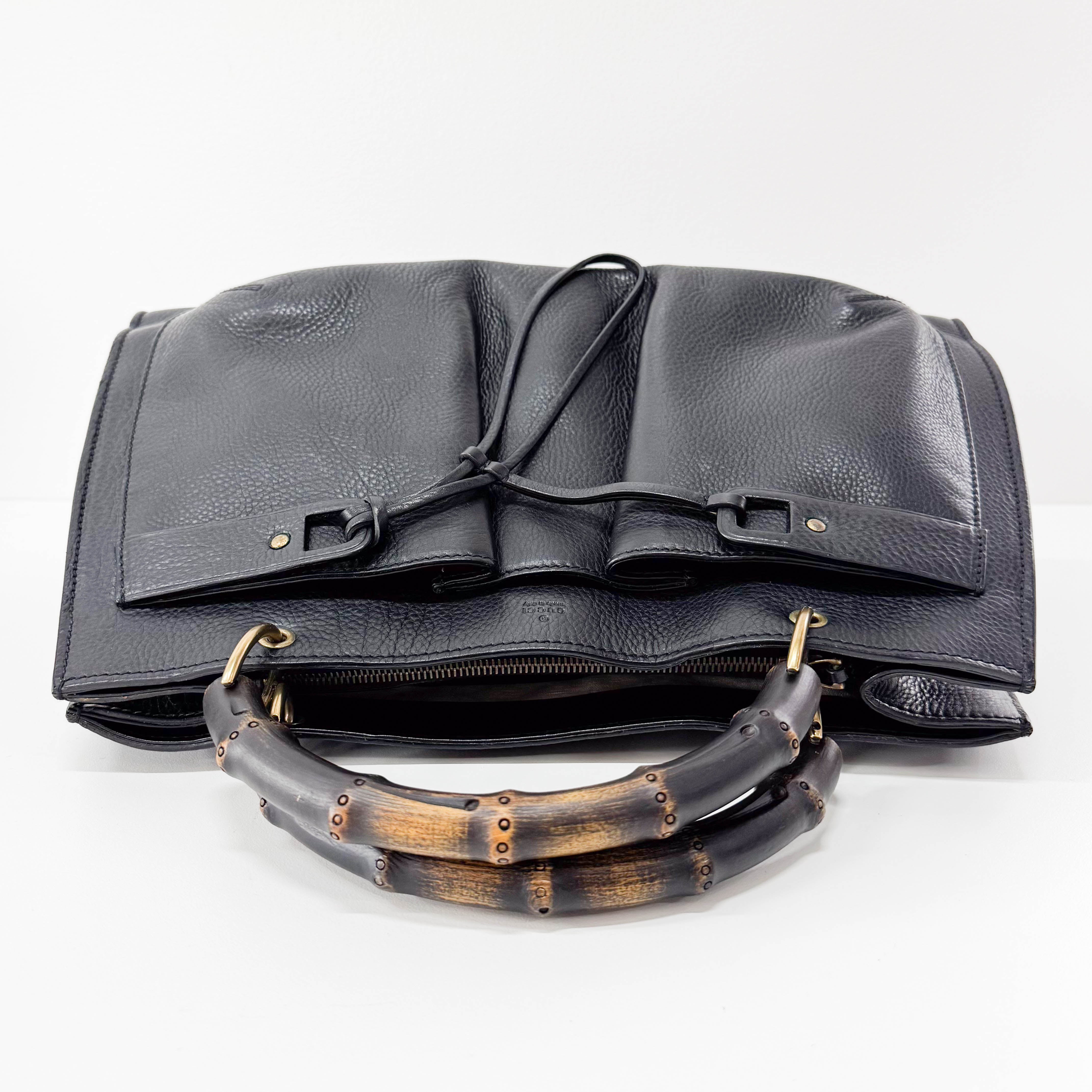 Bamboo Handle Black Leather Bag