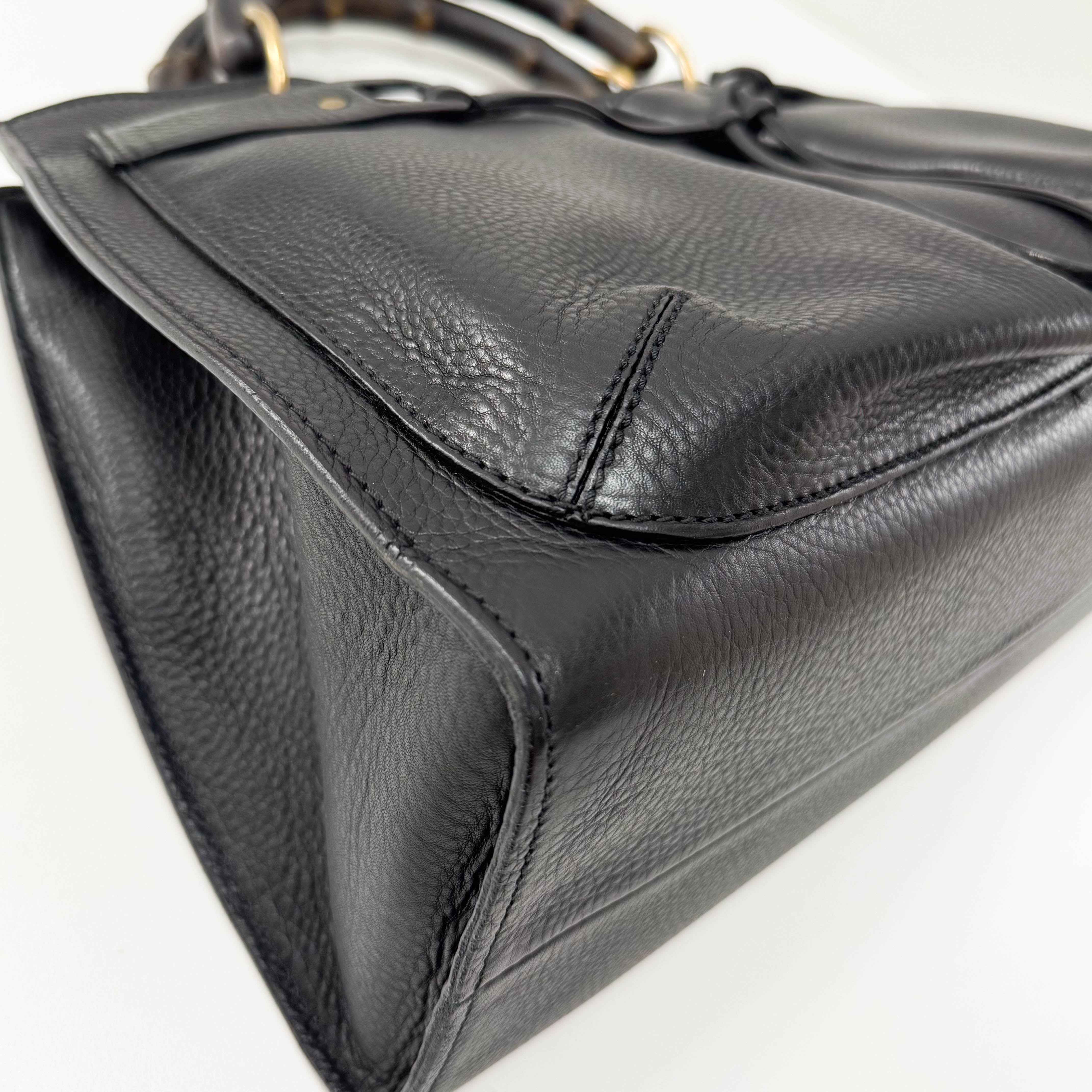 Bamboo Handle Black Leather Bag