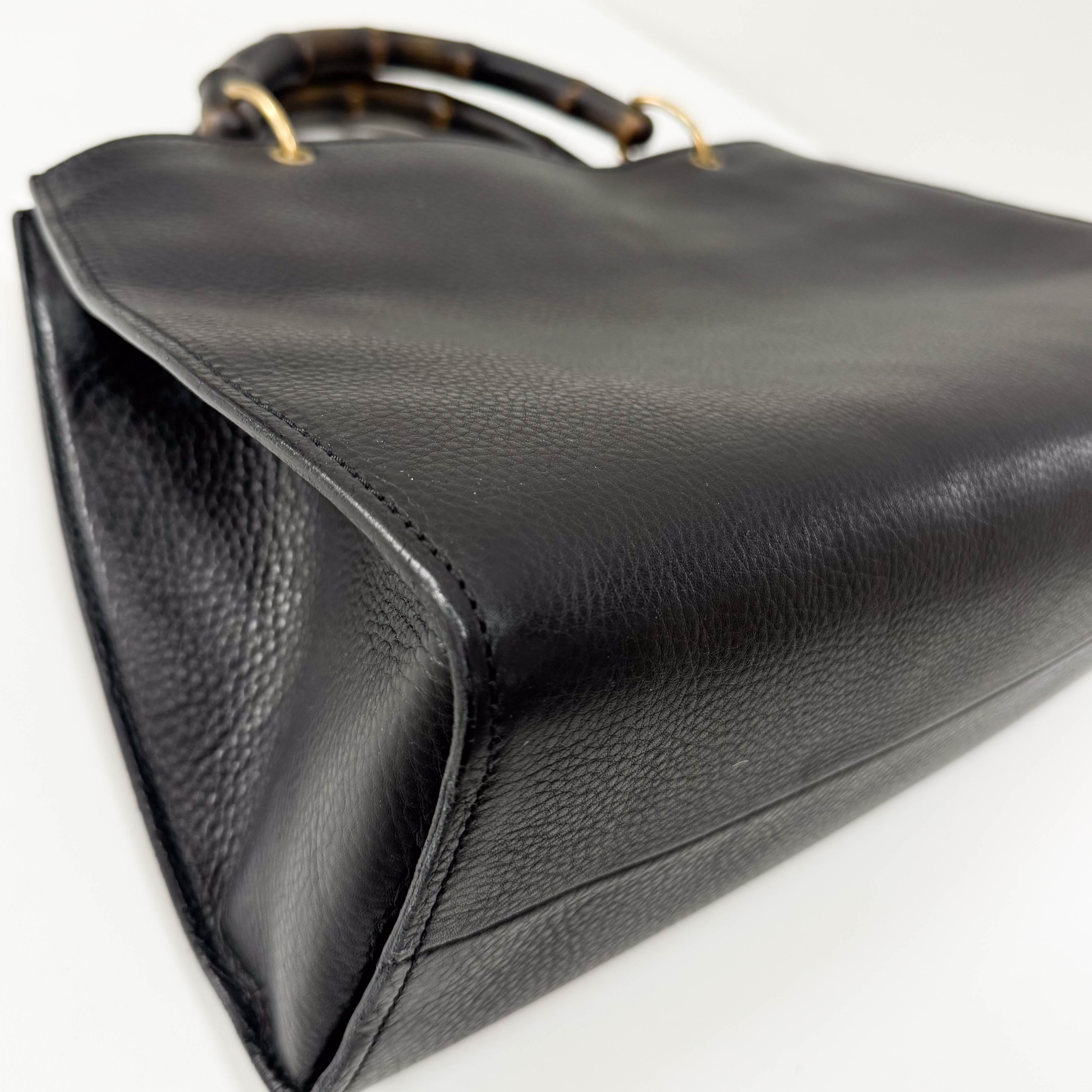 Bamboo Handle Black Leather Bag