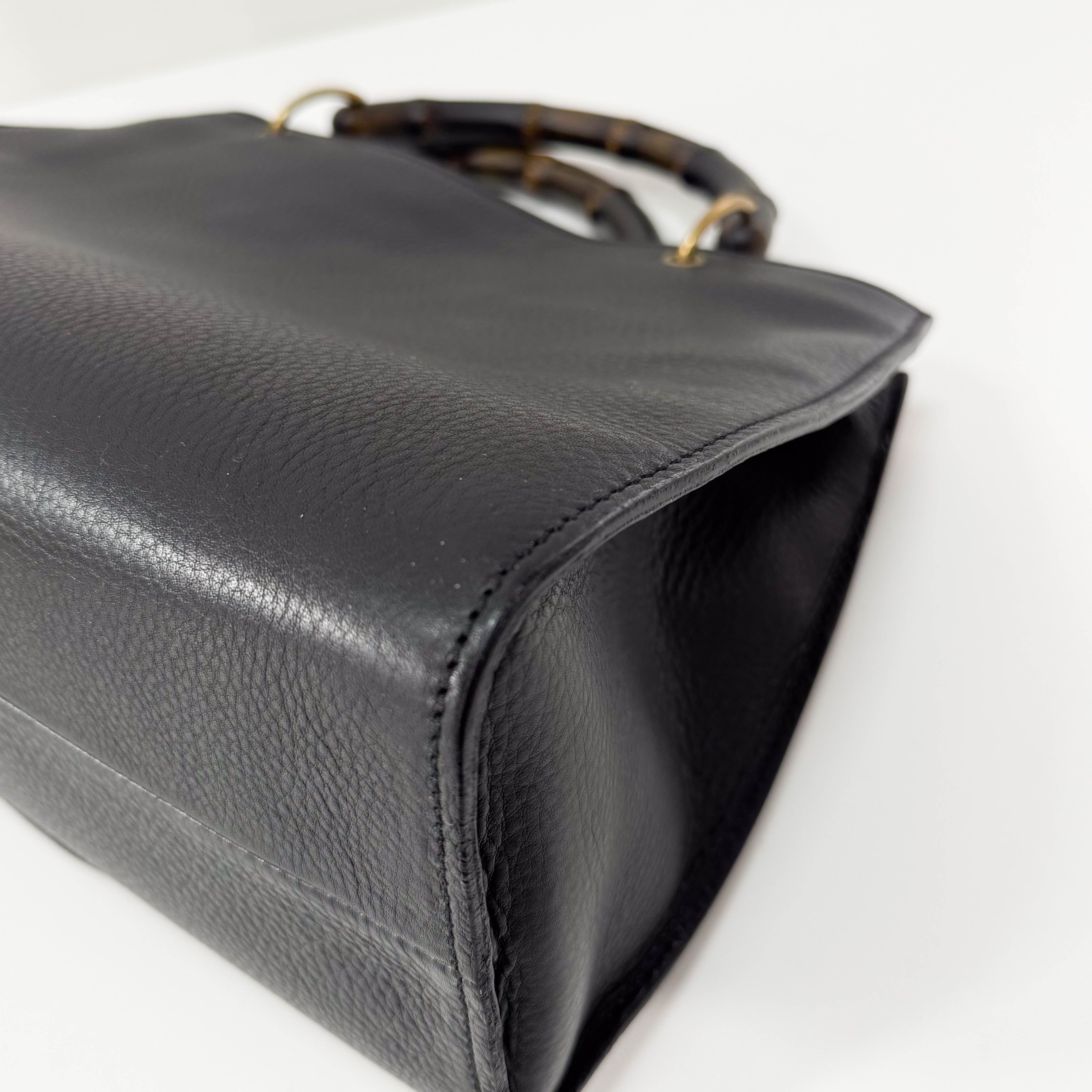 Bamboo Handle Black Leather Bag