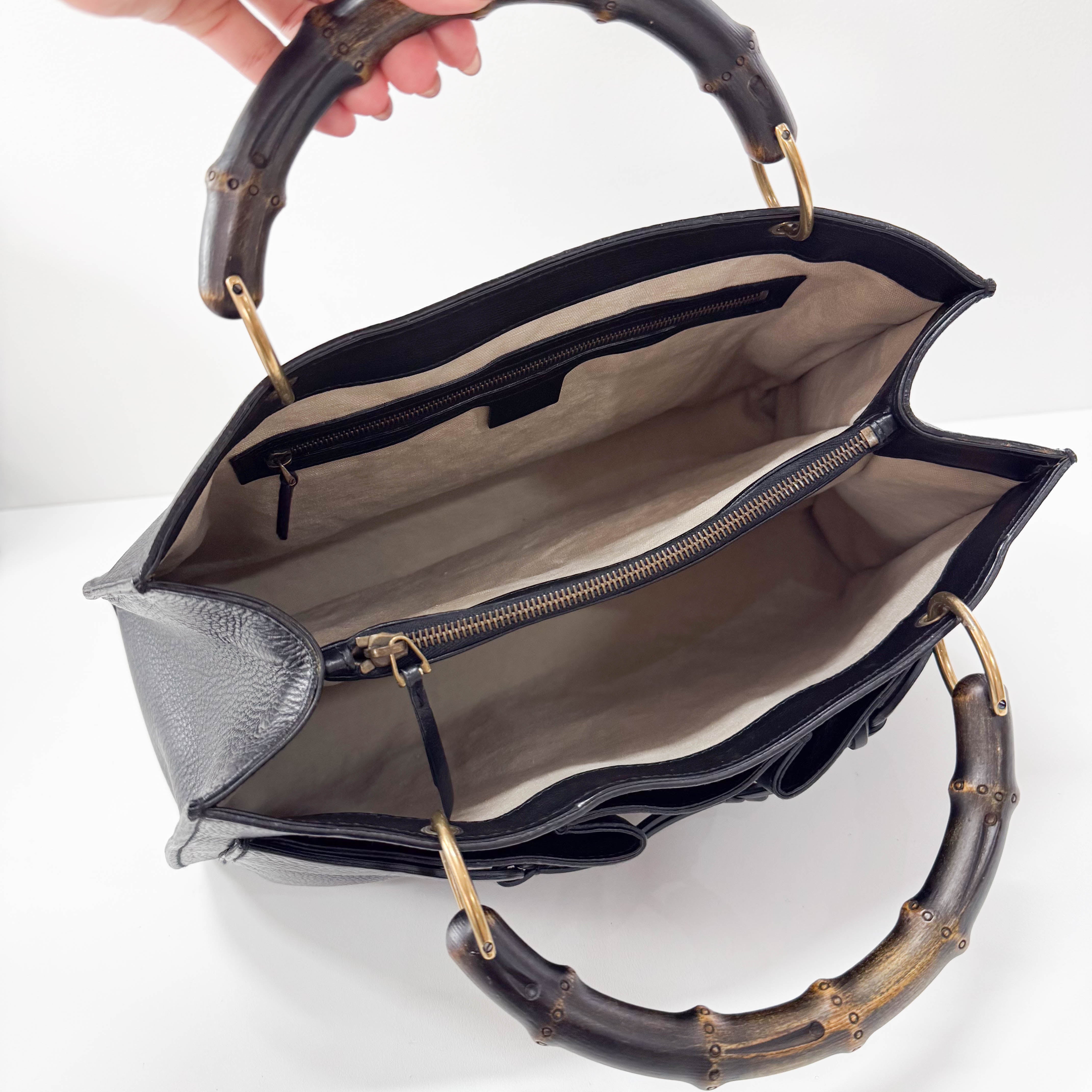 Bamboo Handle Black Leather Bag