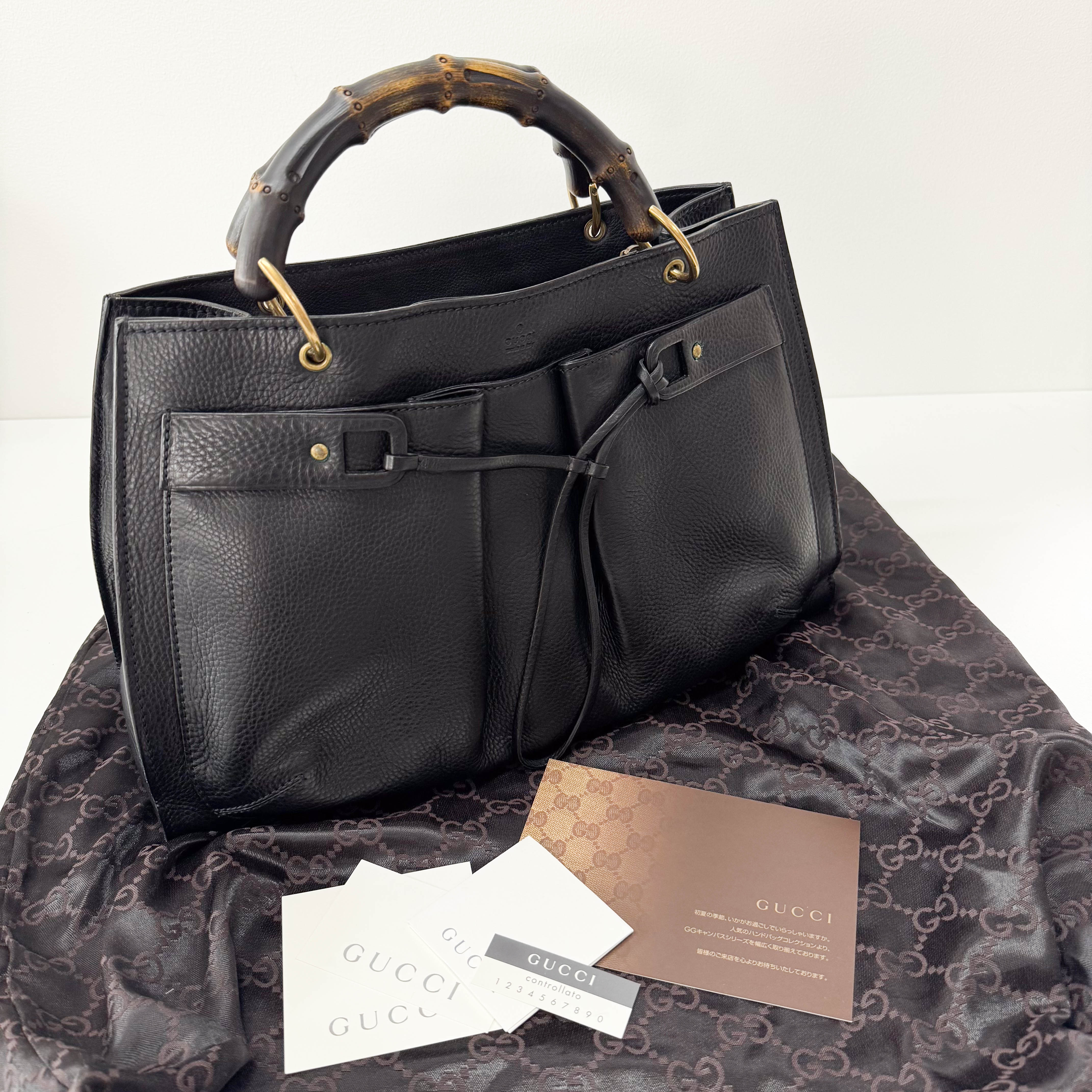 Bamboo Handle Black Leather Bag