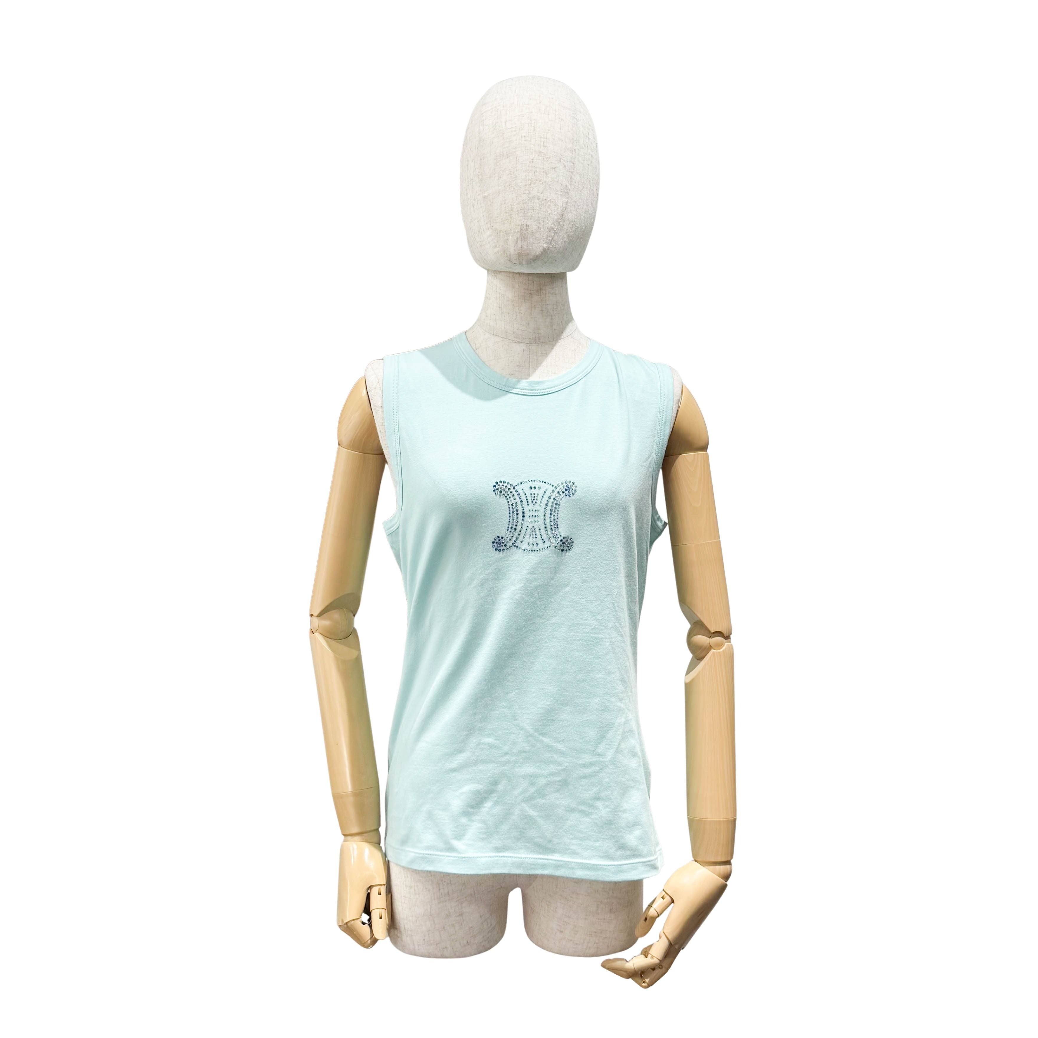 Tank Top Blue Cotton Rhinestones Logo
