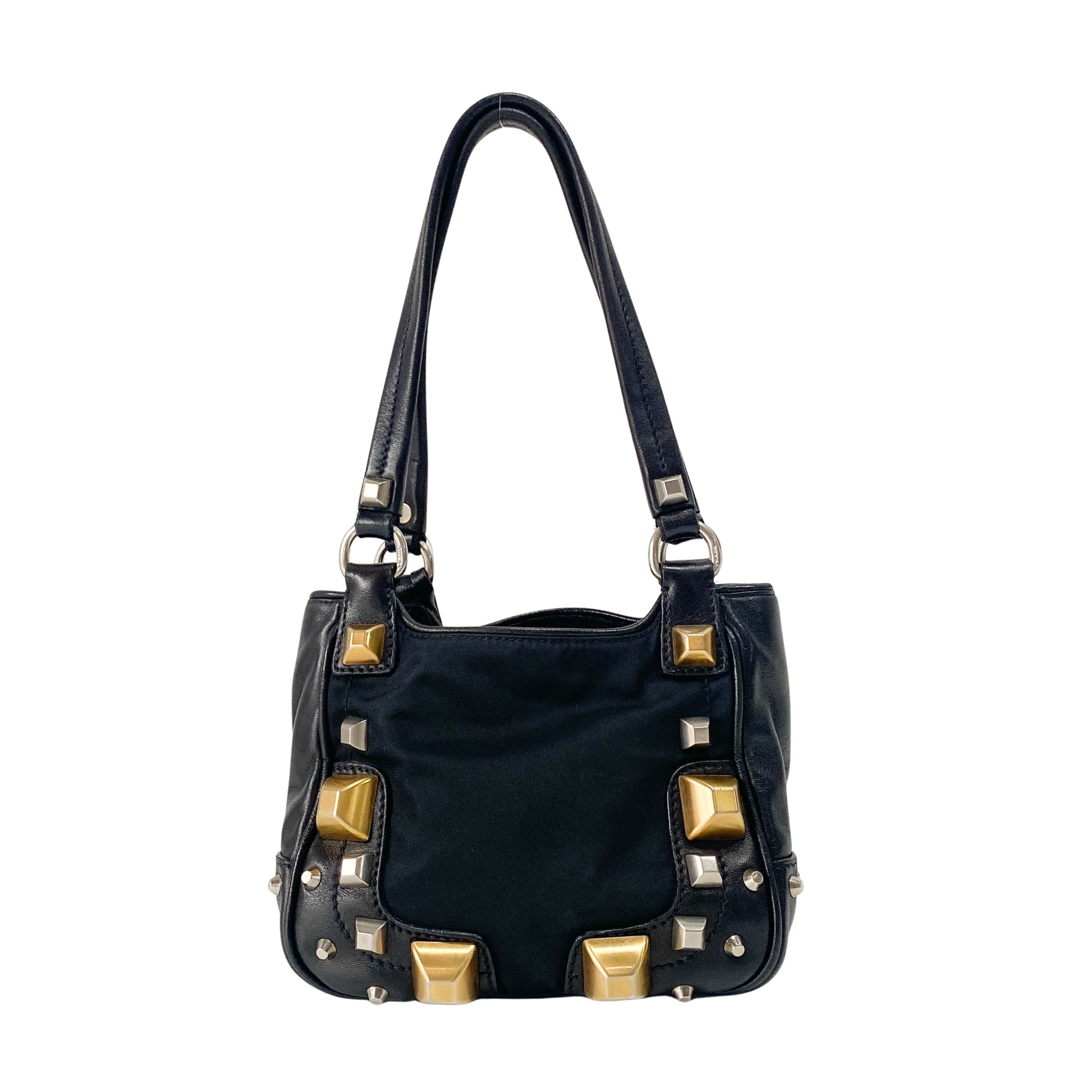 Mini Black Nylon & Leather Studs Shoulder Bag