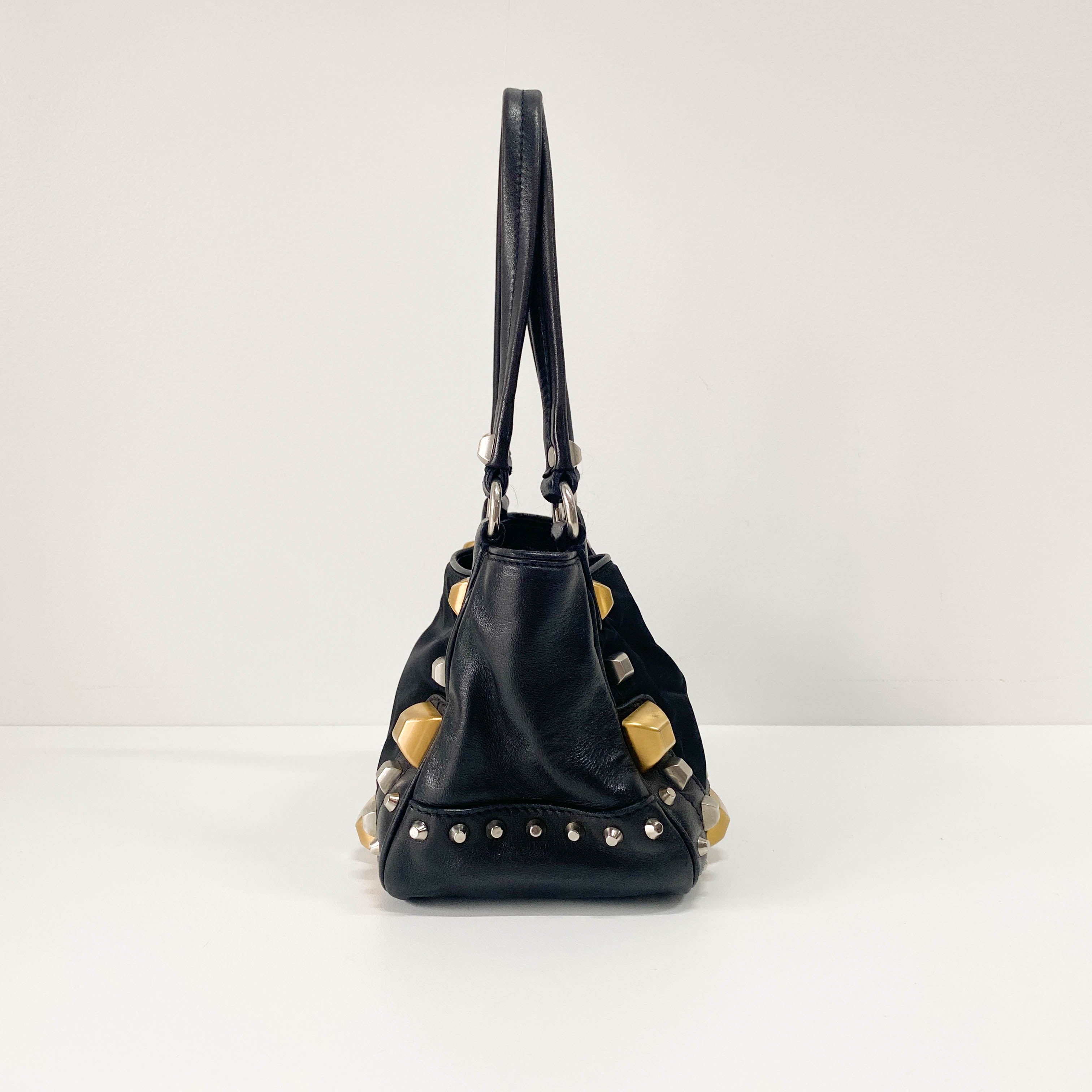 Mini Black Nylon & Leather Studs Shoulder Bag