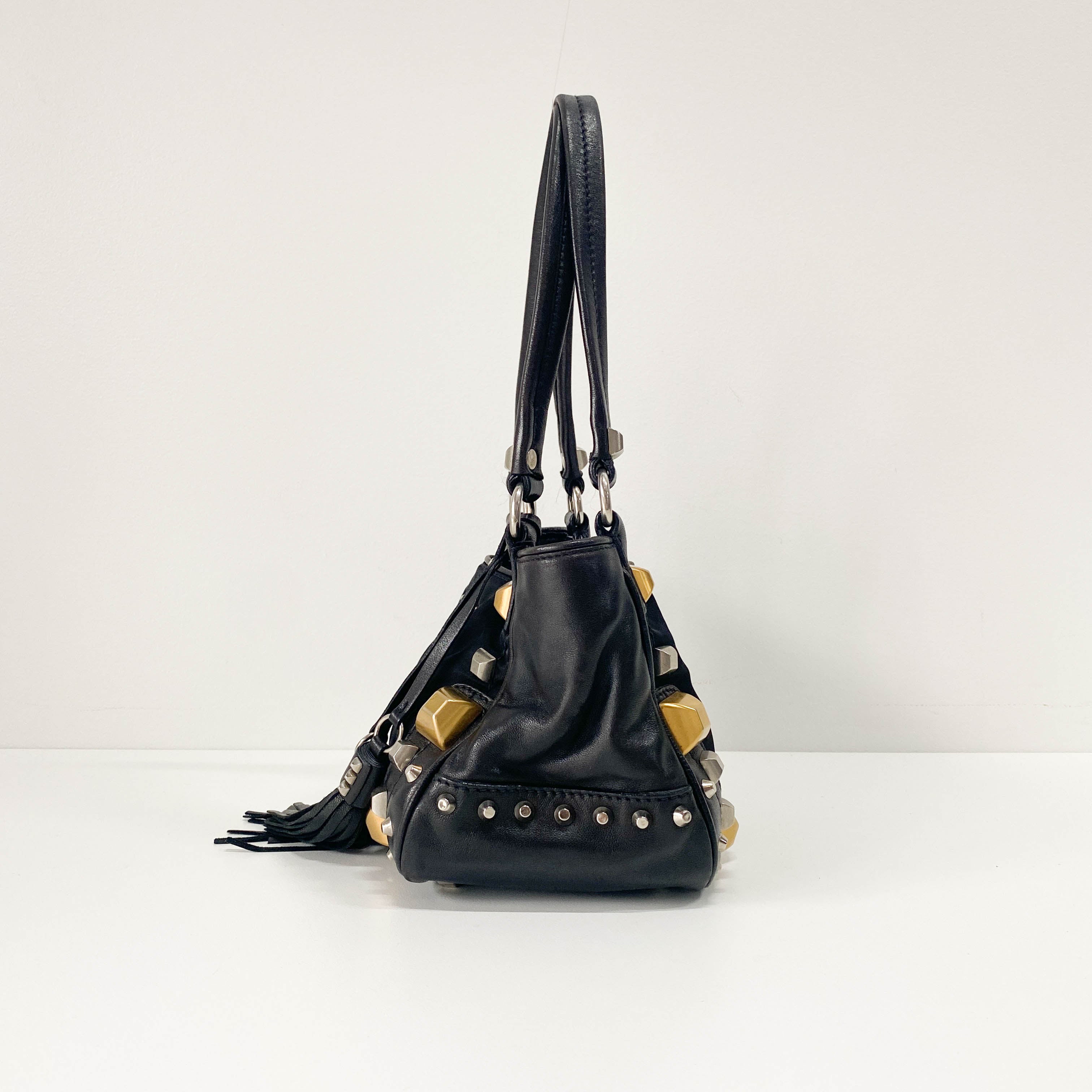 Mini Black Nylon & Leather Studs Shoulder Bag